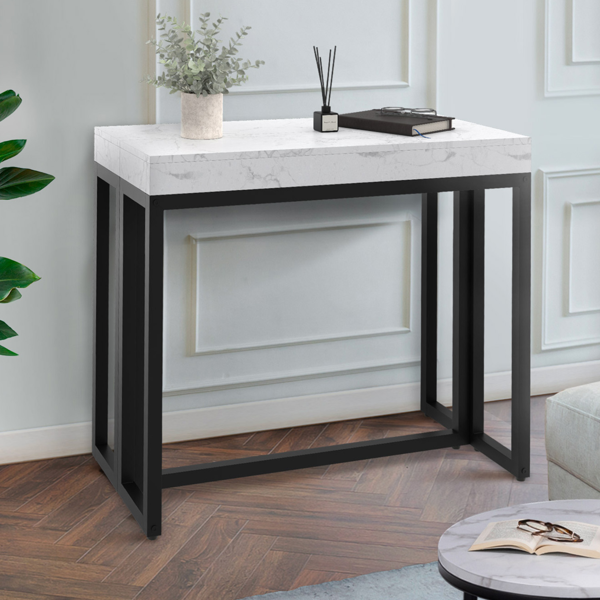 Voir la diapositive 3 : ID MARKET Table console extensible 10 personnes 235 cm plateau effet marbre blanc alaska