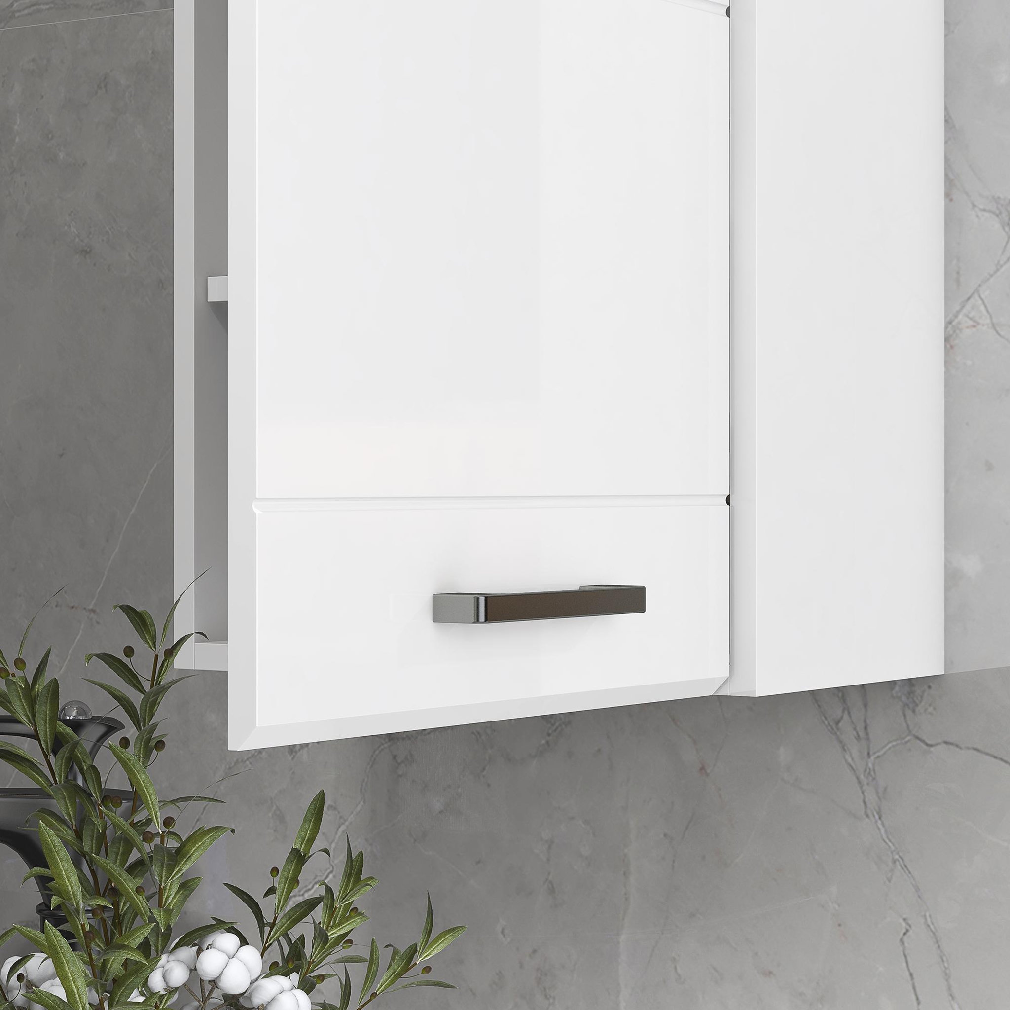 Voir la diapositive 5 : KLEANKIN Armoire haute murale de salle de bain ou wc - placard porte 2 étagères - dim. 41l x 18l x 52h cm - mdf blanc mat laqué