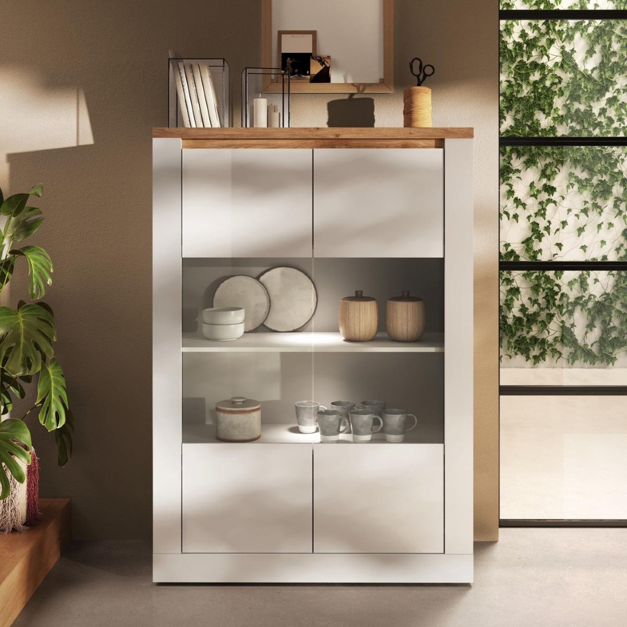 Voir la diapositive 3 : JLC KREATION Vitrine moderne 2 portes laqué blanc et bois + led ARIA