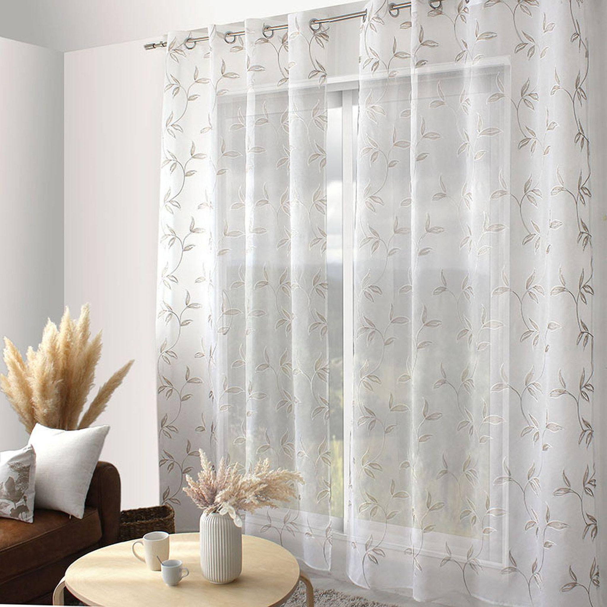 Voir la diapositive 2 : TOILINUX Voilage brodé natura - 140 x 240 cm - blanc et beige