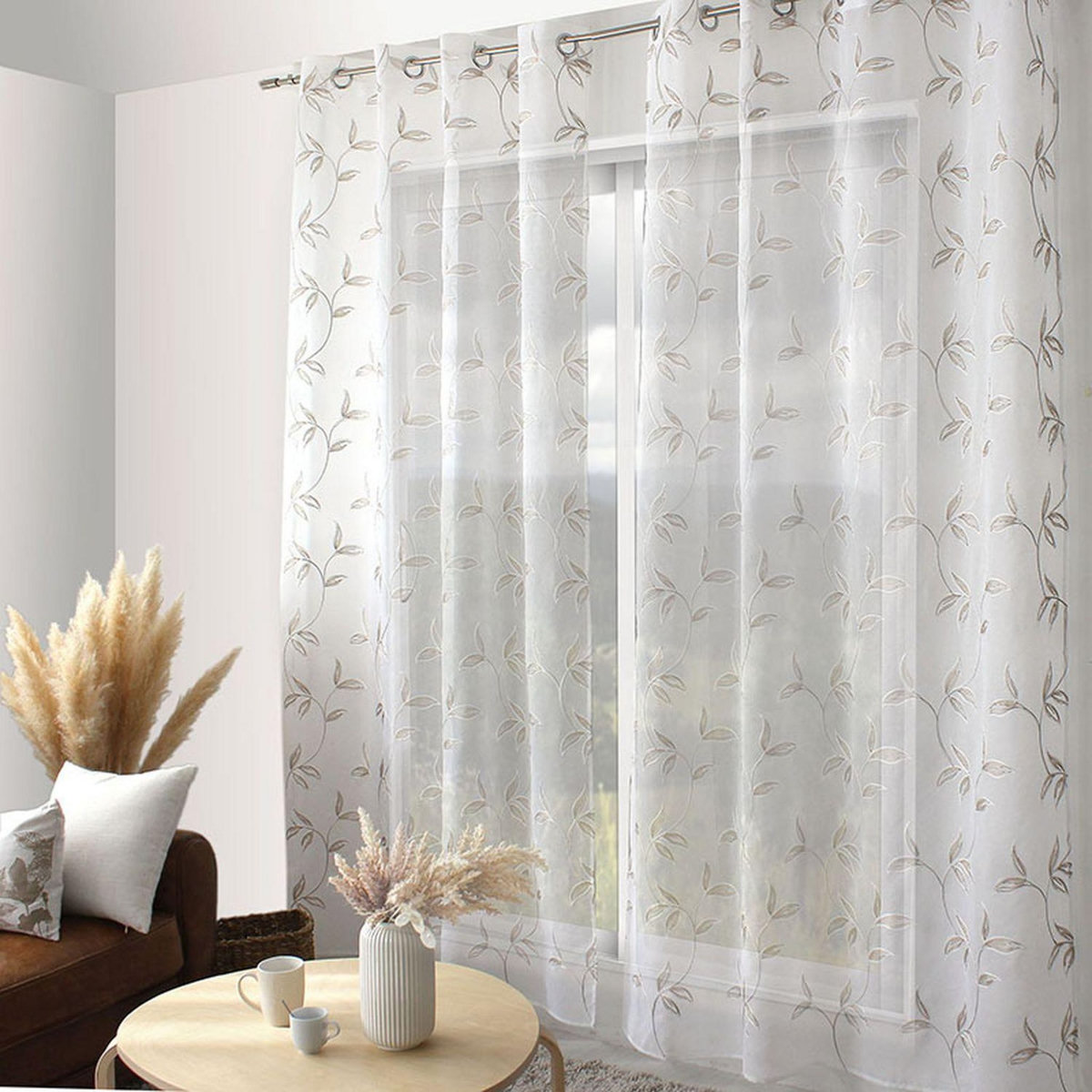 TOILINUX Voilage brodé NATURA - 140 x 240 cm - Blanc et beige