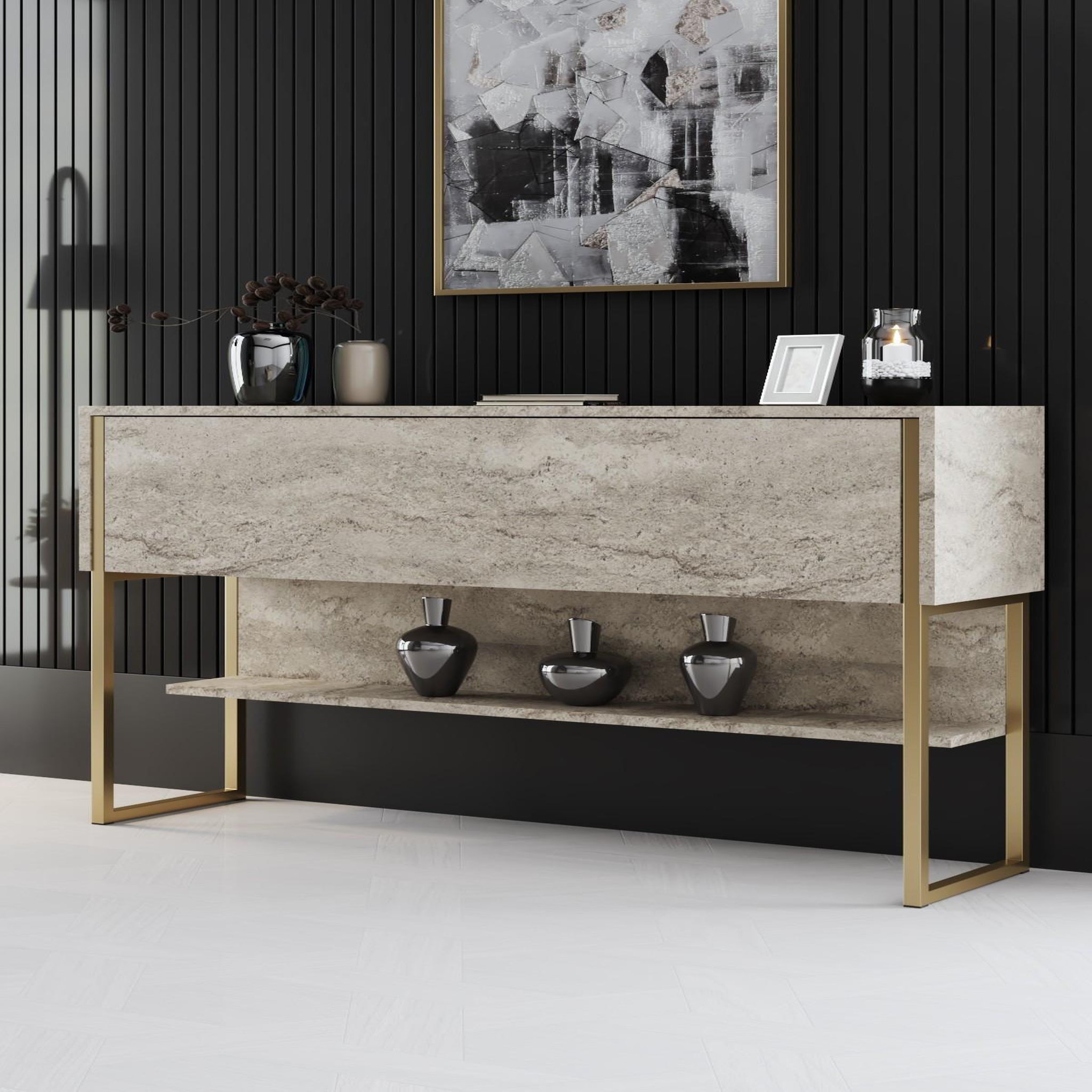 Voir la diapositive 2 : Habitat et Jardin Console en bois  luxe  - 120 x 30 x 80 cm - travertin or