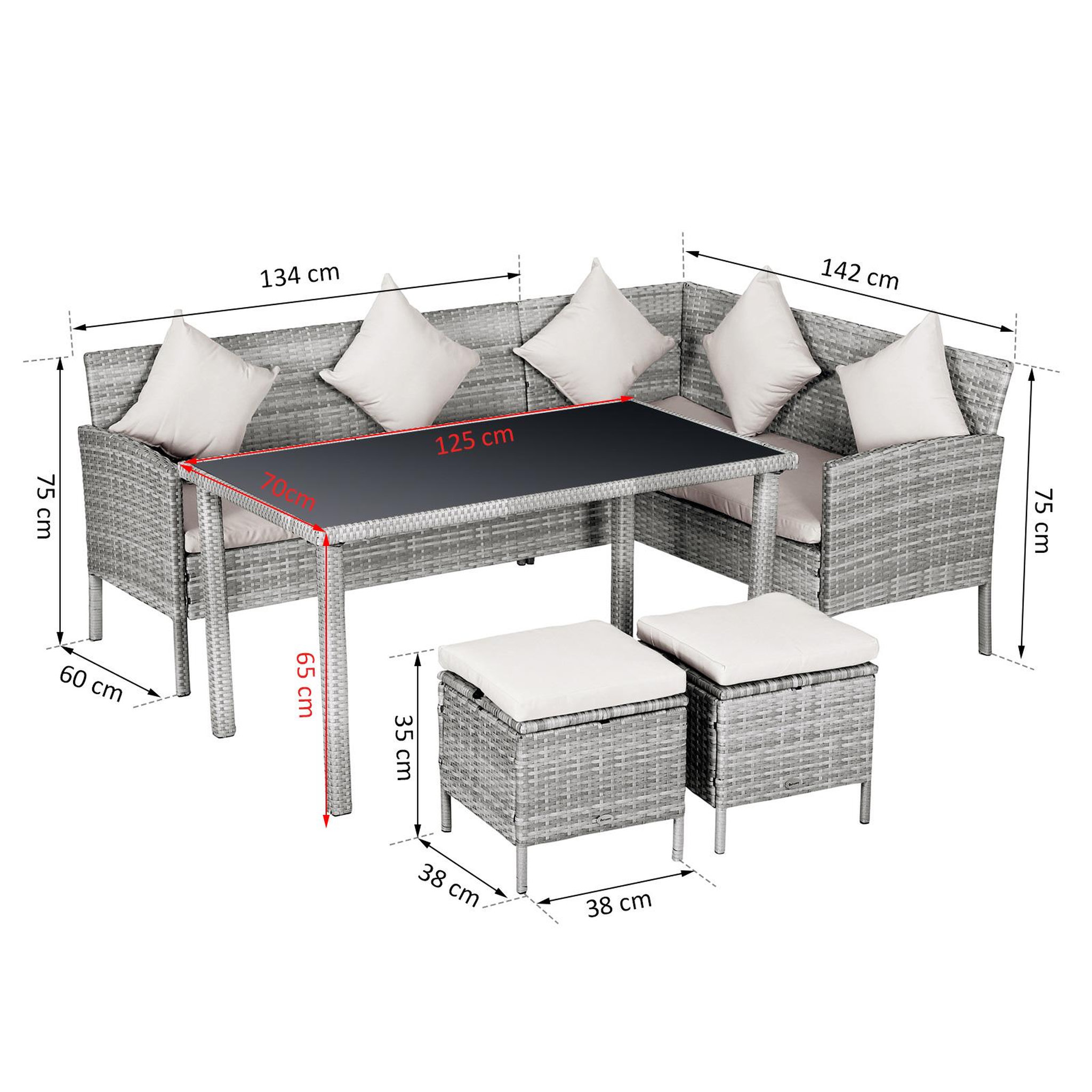 Voir la diapositive 3 : OUTSUNNY Salon de jardin 6 pers. Grand confort canapé d'angle + 2 poufs + table à manger 9 coussins assise & dossier fournis résine tressée grise