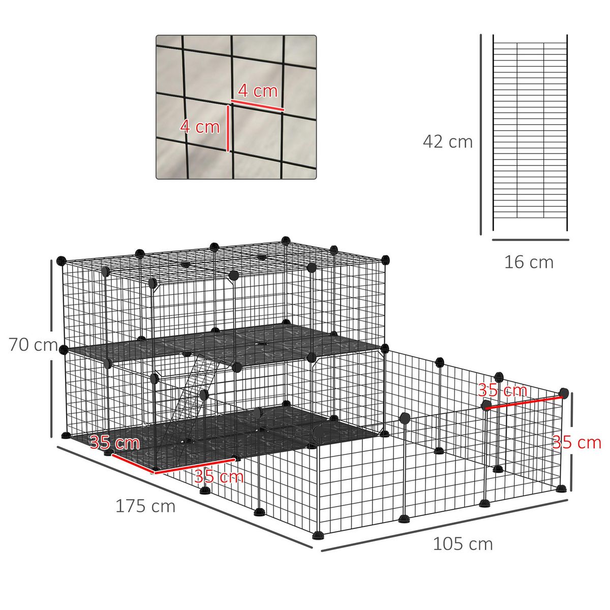 PAWHUT Cage parc enclos rongeurs modulable dim. L 175 x l 105 x H 70 cm 2 niveaux 2 portes rampe résine PP fil métallique noir