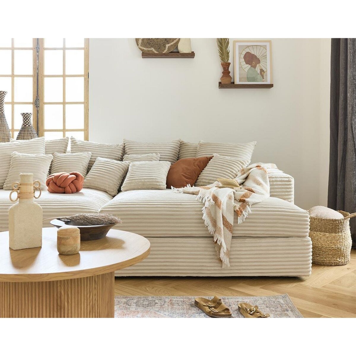 LISA DESIGN Collins - canapé droit 4 places avec double méridienne - assise profonde - velours côtelé grosses côtes