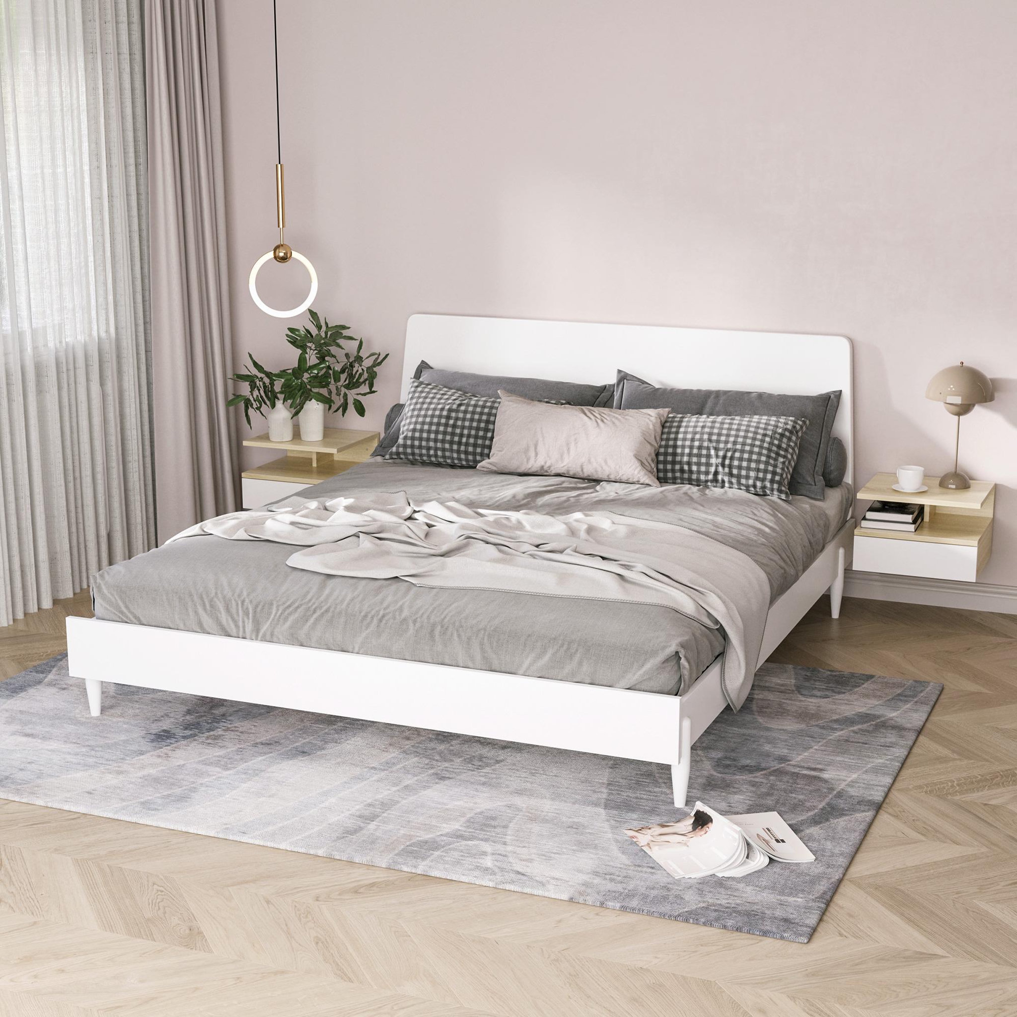 Voir la diapositive 4 : HOMCOM Lot de 2 tables de chevet murales - lot de 2 tables de nuit - tiroir coulissant, niche et plateau - aspect chêne clair blanc