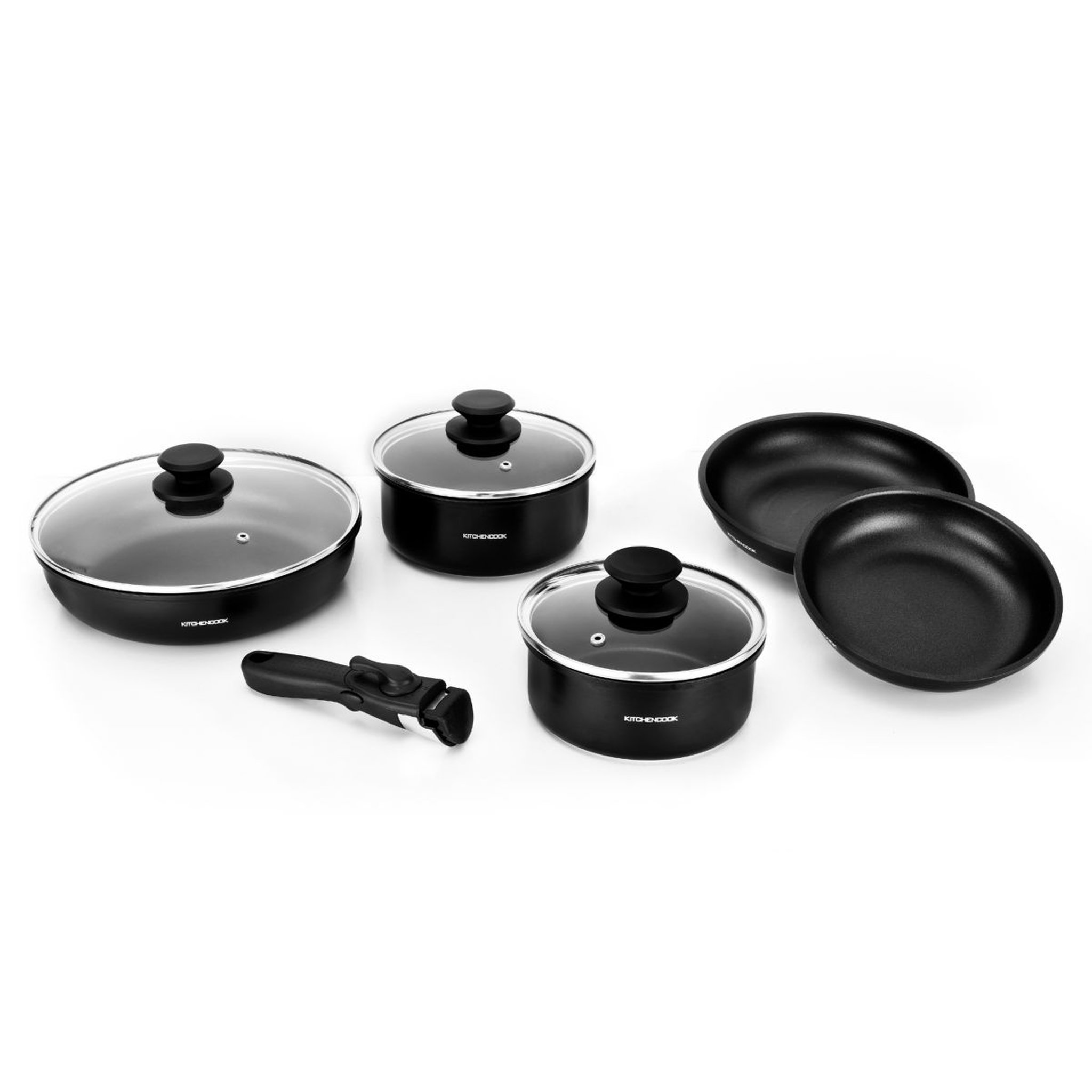 Voir la diapositive 2 : KITCHEN COOK Batterie de cuisine amovible 9 pièces en aluminium noir