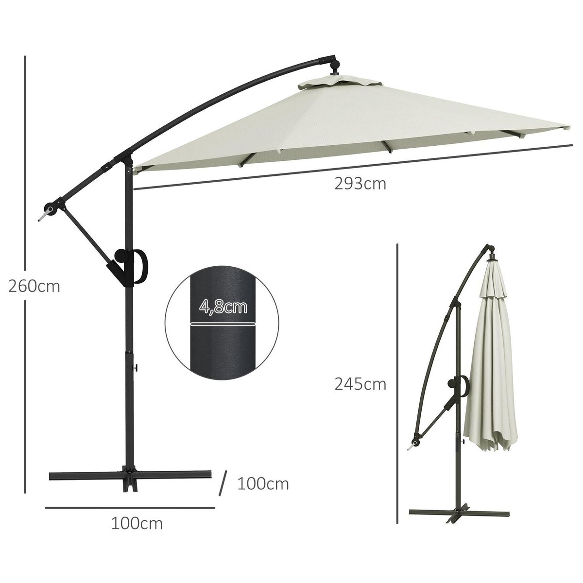 OUTSUNNY Parasol déporté octogonal inclinable Ø 2,93 x 2,60 m avec pied métal époxy alu crème