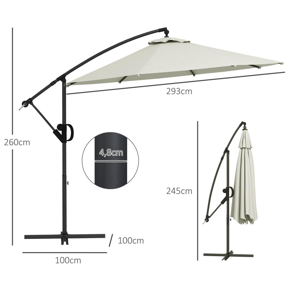 OUTSUNNY Parasol déporté octogonal inclinable Ø 2,93 x 2,60 m avec pied métal époxy alu crème