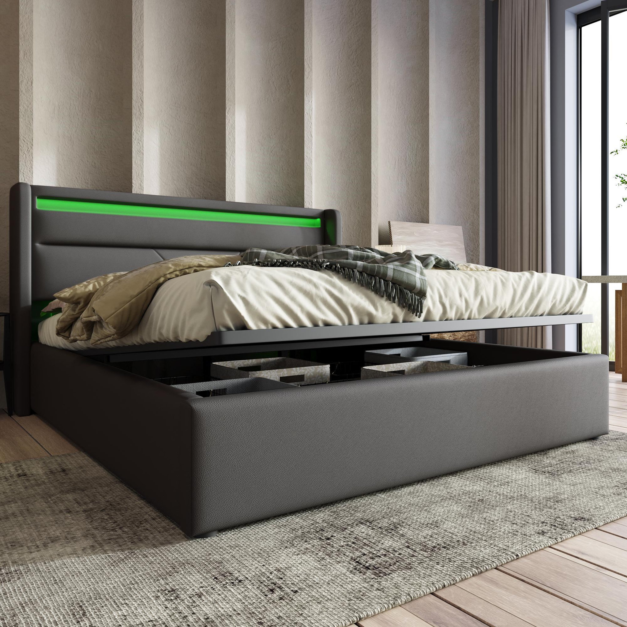 Voir la diapositive 3 : MERAX Lit coffre avec sommier et LED PU