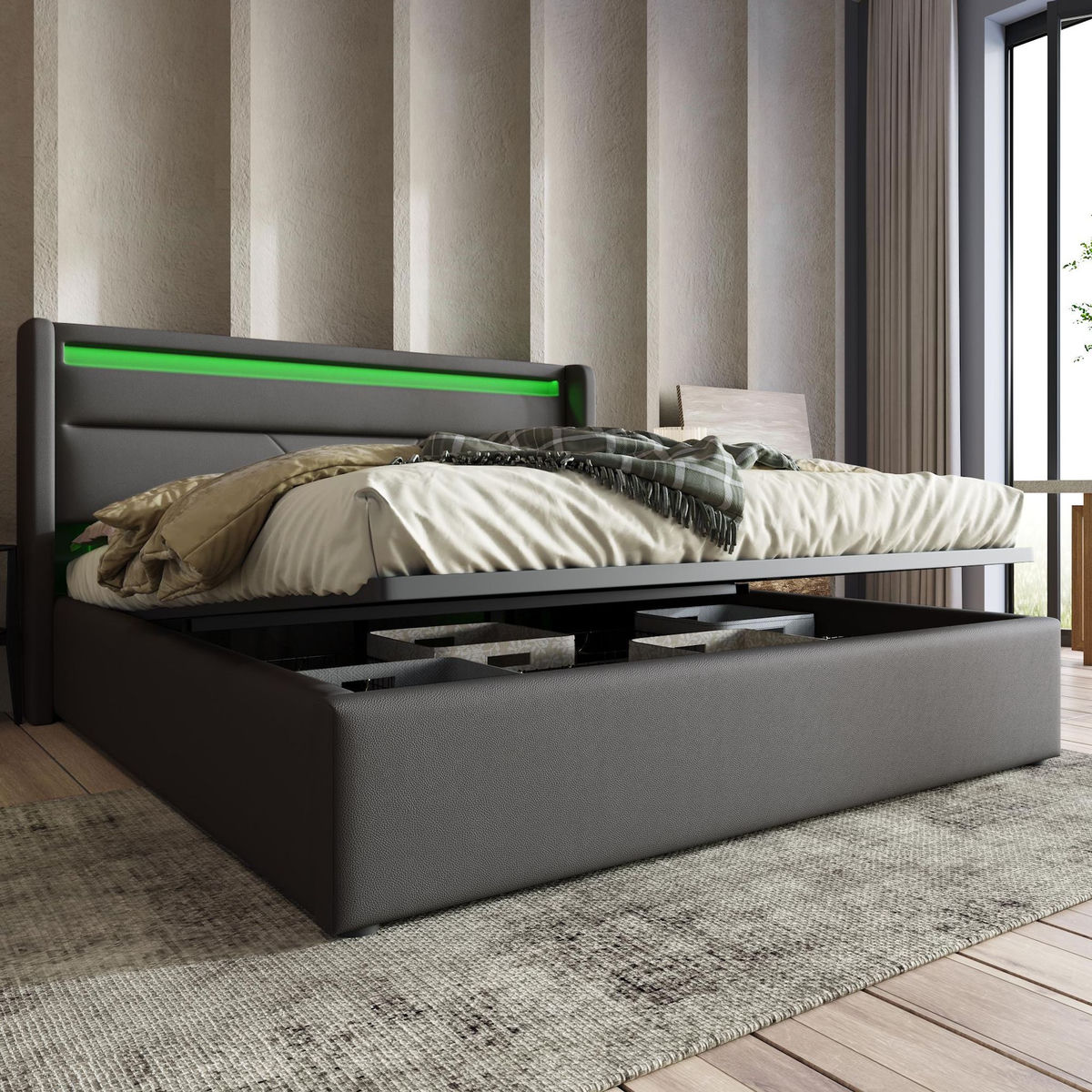 MERAX Lit coffre avec sommier et LED PU