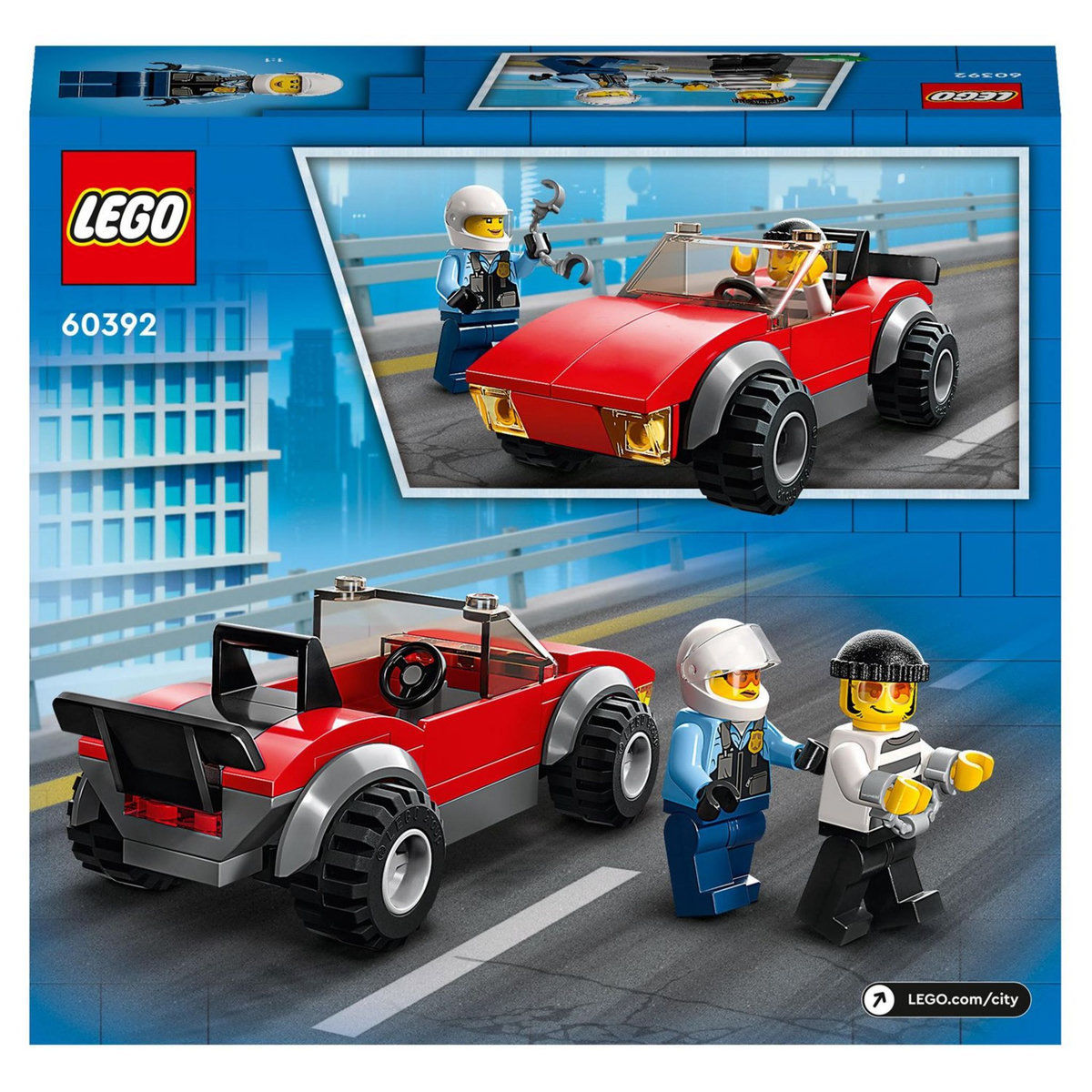 LEGO City 60392 La Course-Poursuite de la Moto de Police, Jouet Voiture de Course et 2 Minifigurines Policiers
