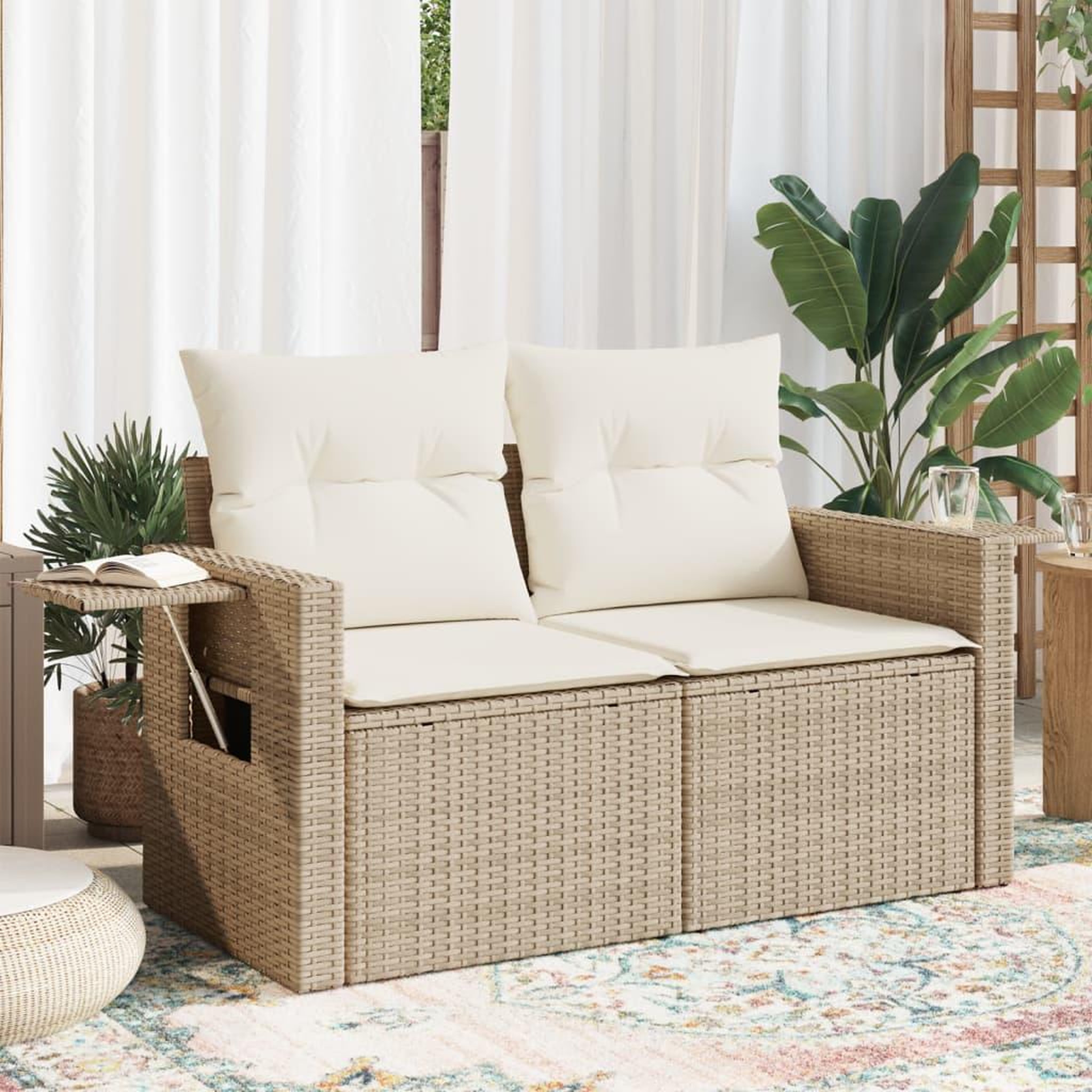 VIDAXL Canape de jardin avec coussins 2 places beige resine tressee