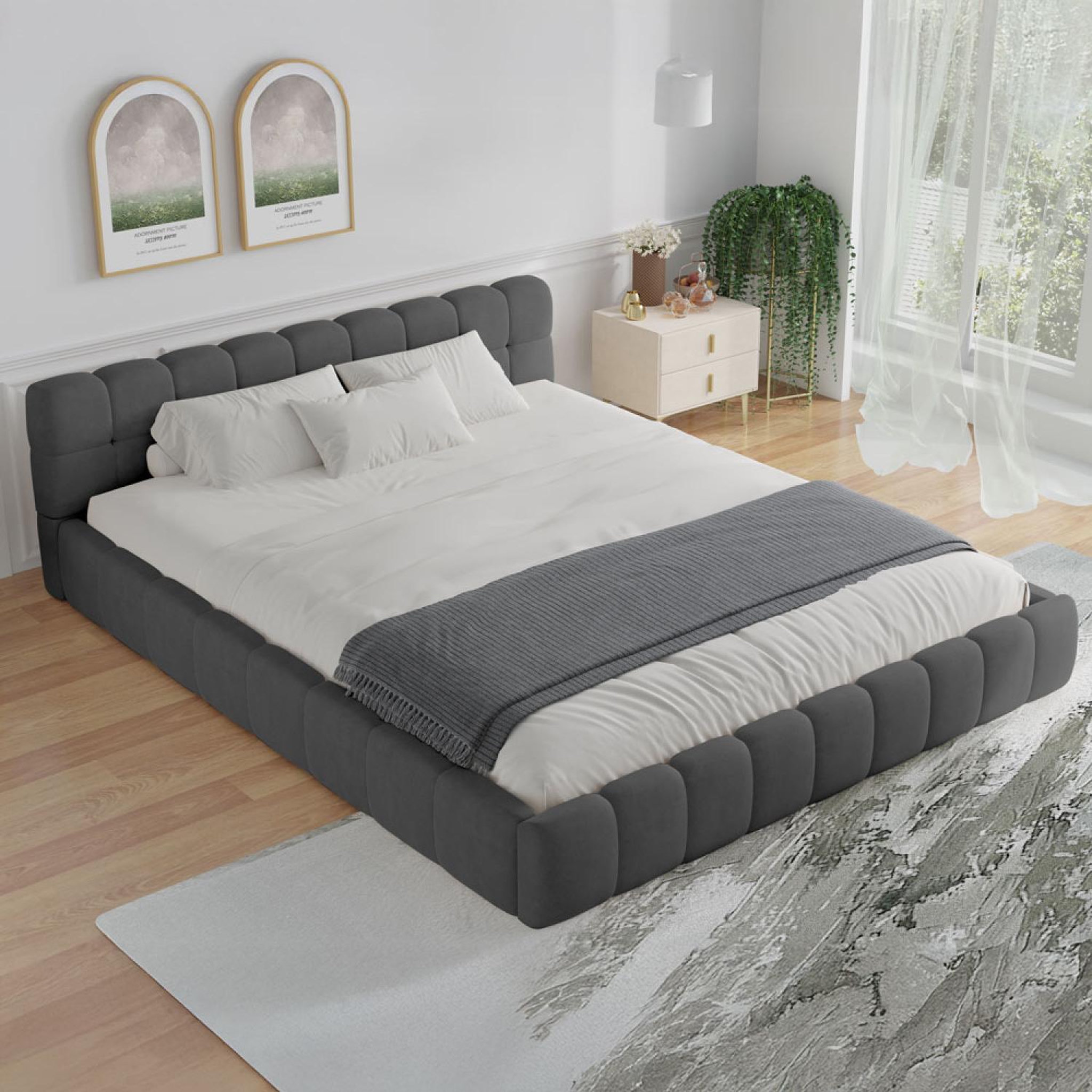 Voir la diapositive 4 : CONCEPT USINE Lit style nuage 140x190cm en velours gris kansas