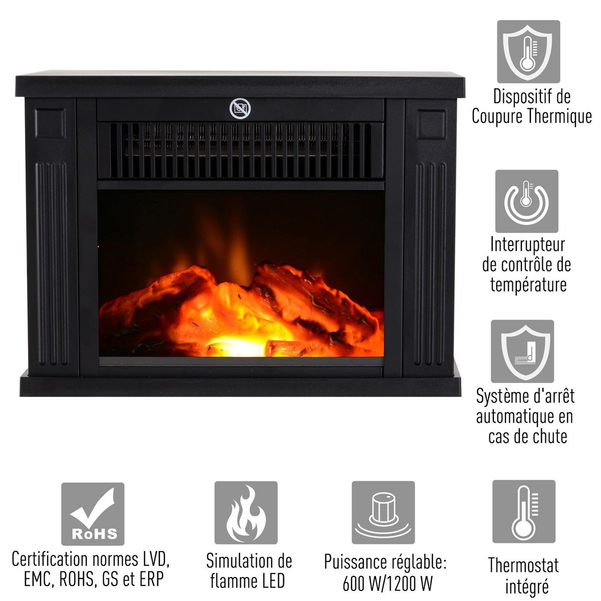 HOMCOM Cheminée électrique poêle style contemporain thermostat 600-1200 W noir