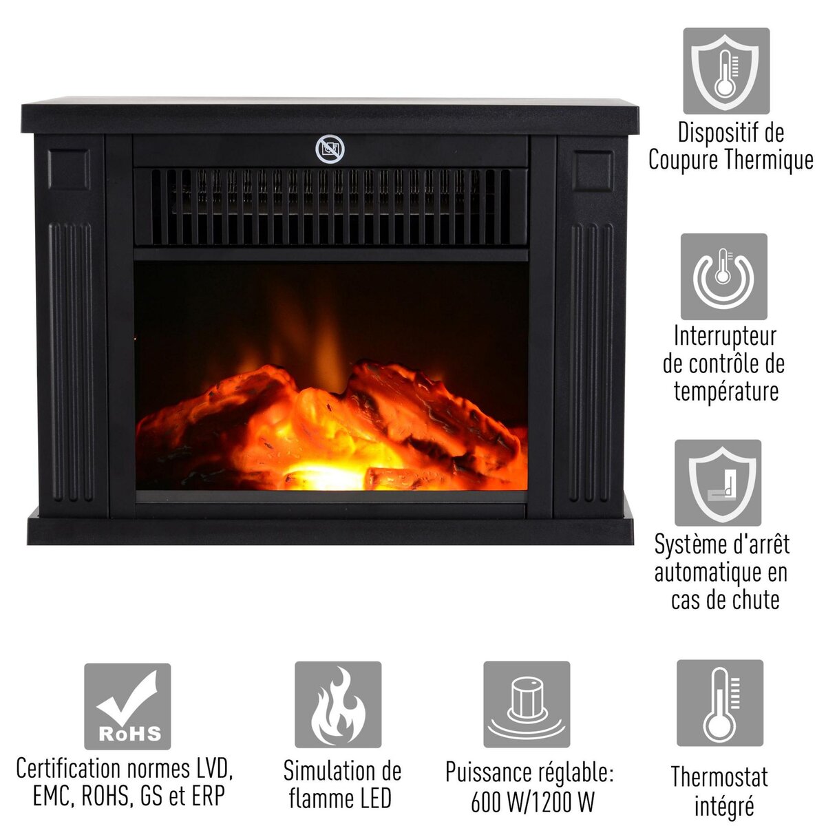 HOMCOM Cheminée électrique poêle style contemporain thermostat 600-1200 W noir