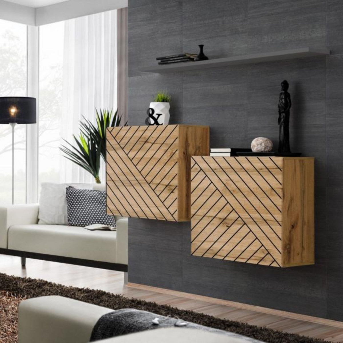 Paris Prix Lot de 2 Blocs & Étagère  Switch SBI  130cm Naturel Rainuré & Gris