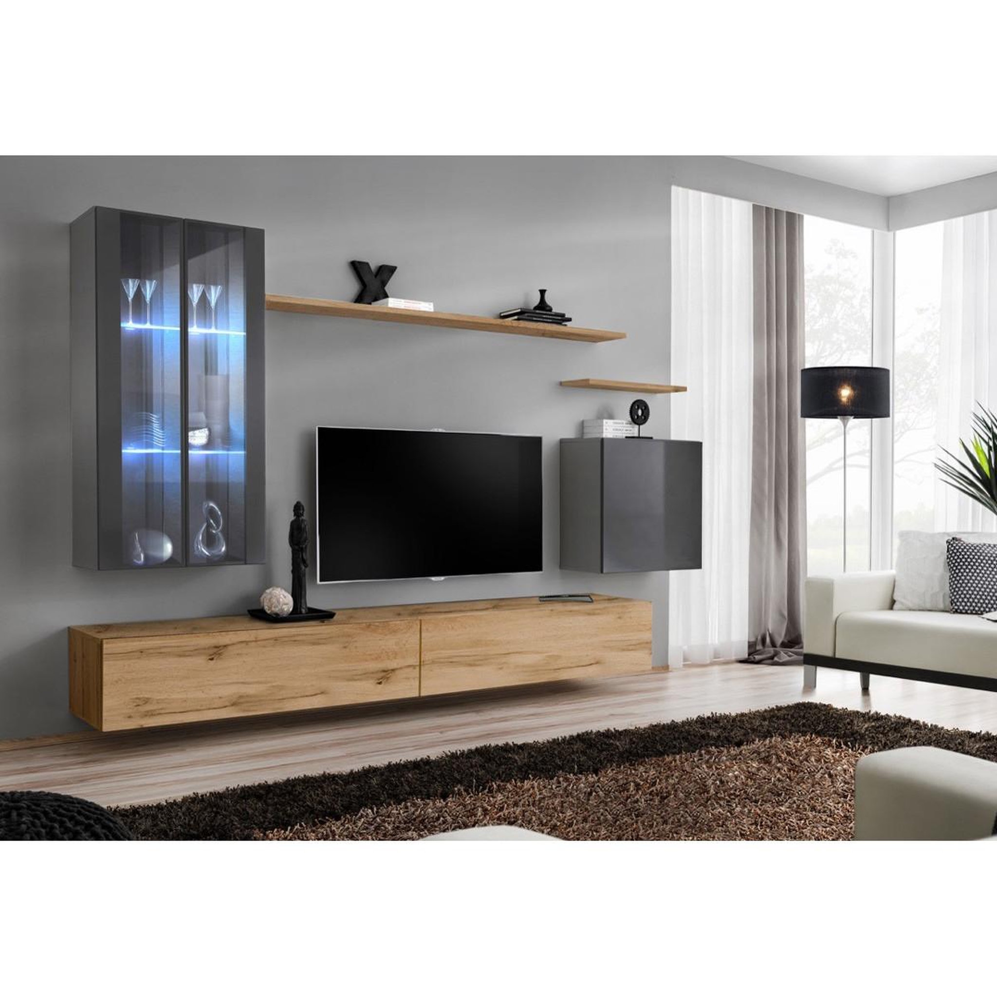 Voir la diapositive 2 : Paris Prix Meuble tv mural design  switch xii  270cm gris & naturel