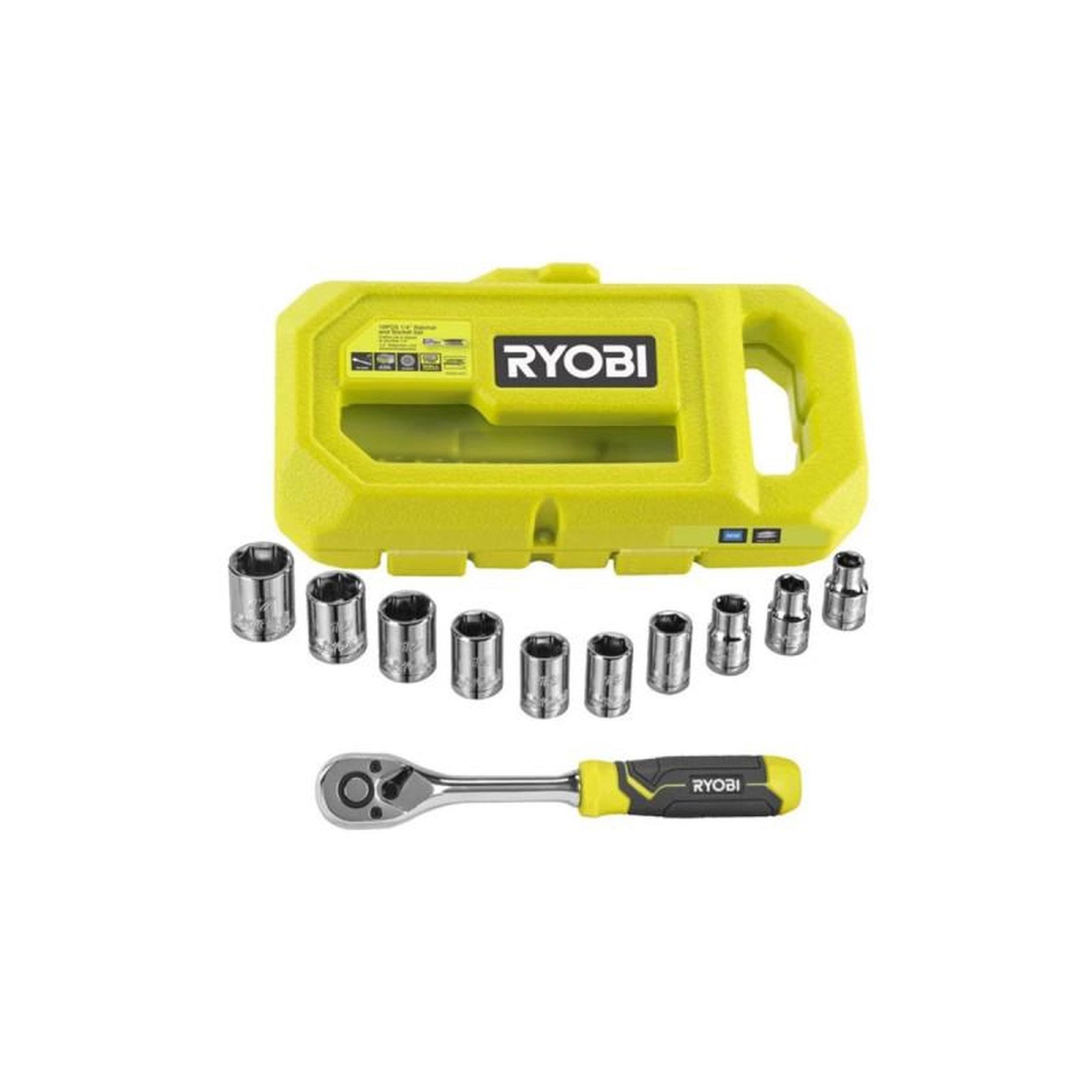 Voir la diapositive 2 : Ryobi Coffret 8 douilles ryobi - clé 90 dents - adaptateur 1/4'' vers 3/8'' - rhrs10pc