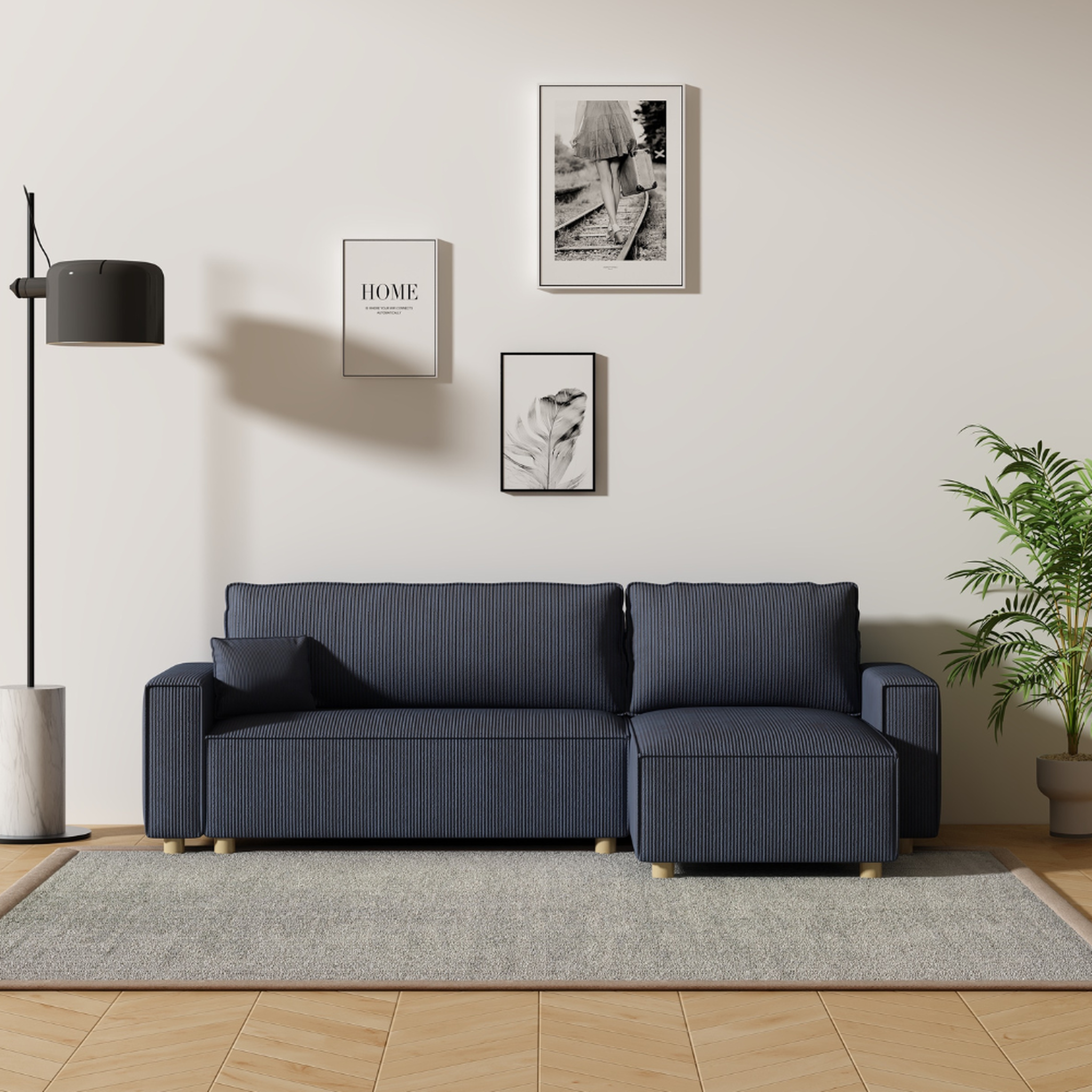 Voir la diapositive 2 : CONCEPT USINE Canapé convertible d'angle en velours côtelé bleu cosy