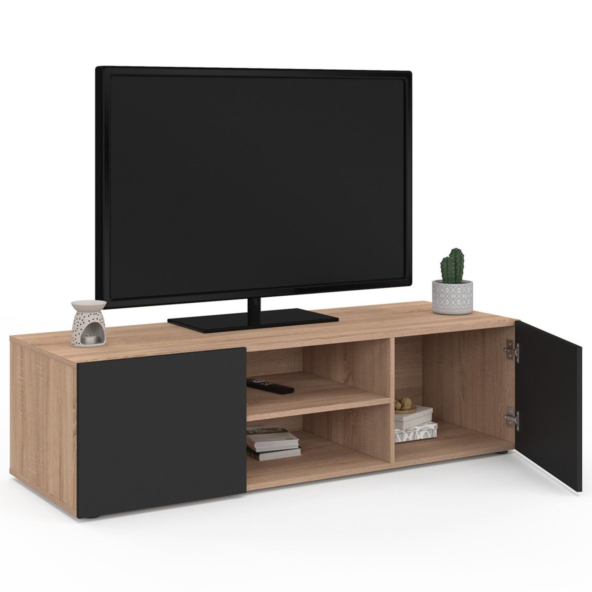 Voir la diapositive 4 : ID MARKET Meuble tv 113 cm eli bois façon hêtre portes noires