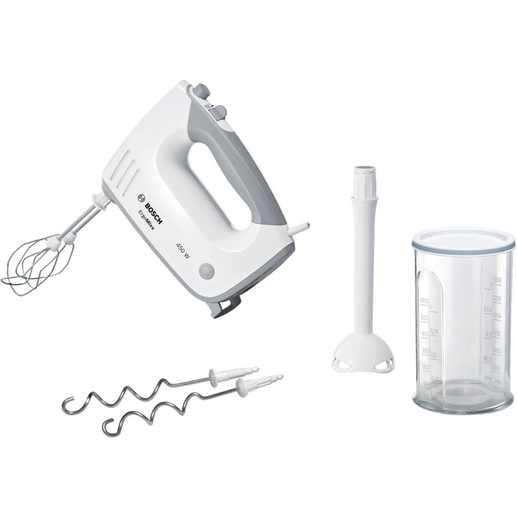 Voir la diapositive 3 : BOSCH Batteur Blanc/Gris MFQ36440