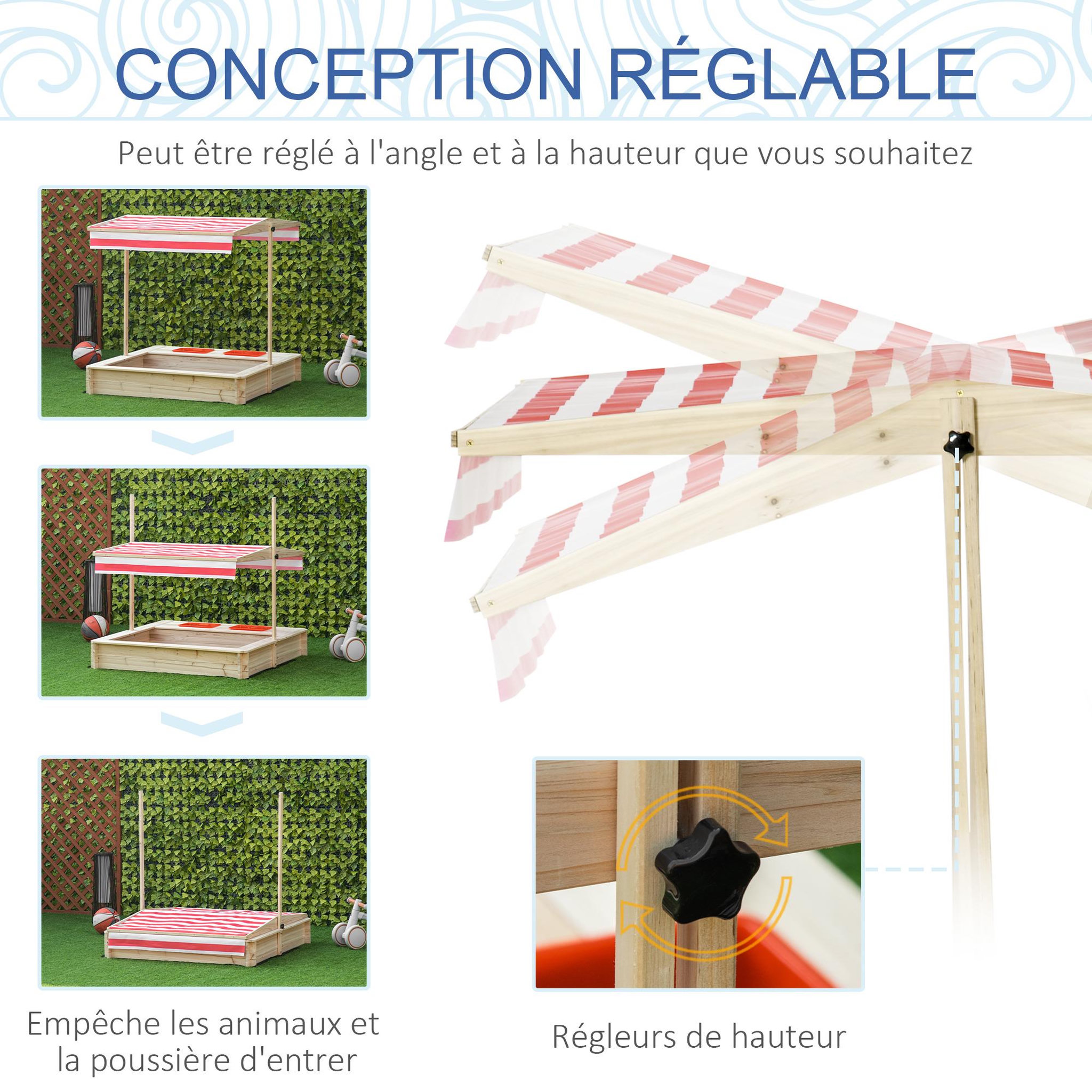 Voir la diapositive 2 : OUTSUNNY Bac à sable bois carré dim. 1,18L x 1,18l x 1,18H m - hauteur, inclinaison toit réglables, refermable - 2 bacs - bois sapin autoclave