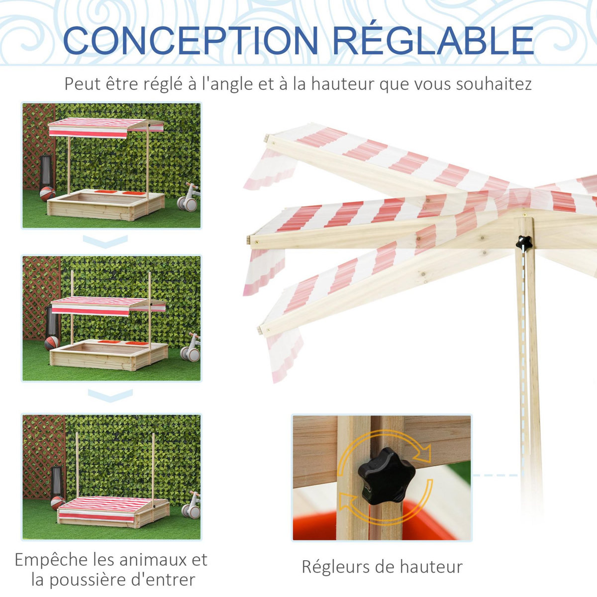 OUTSUNNY Bac à sable bois carré dim. 1,18L x 1,18l x 1,18H m - hauteur, inclinaison toit réglables, refermable - 2 bacs - bois sapin autoclave