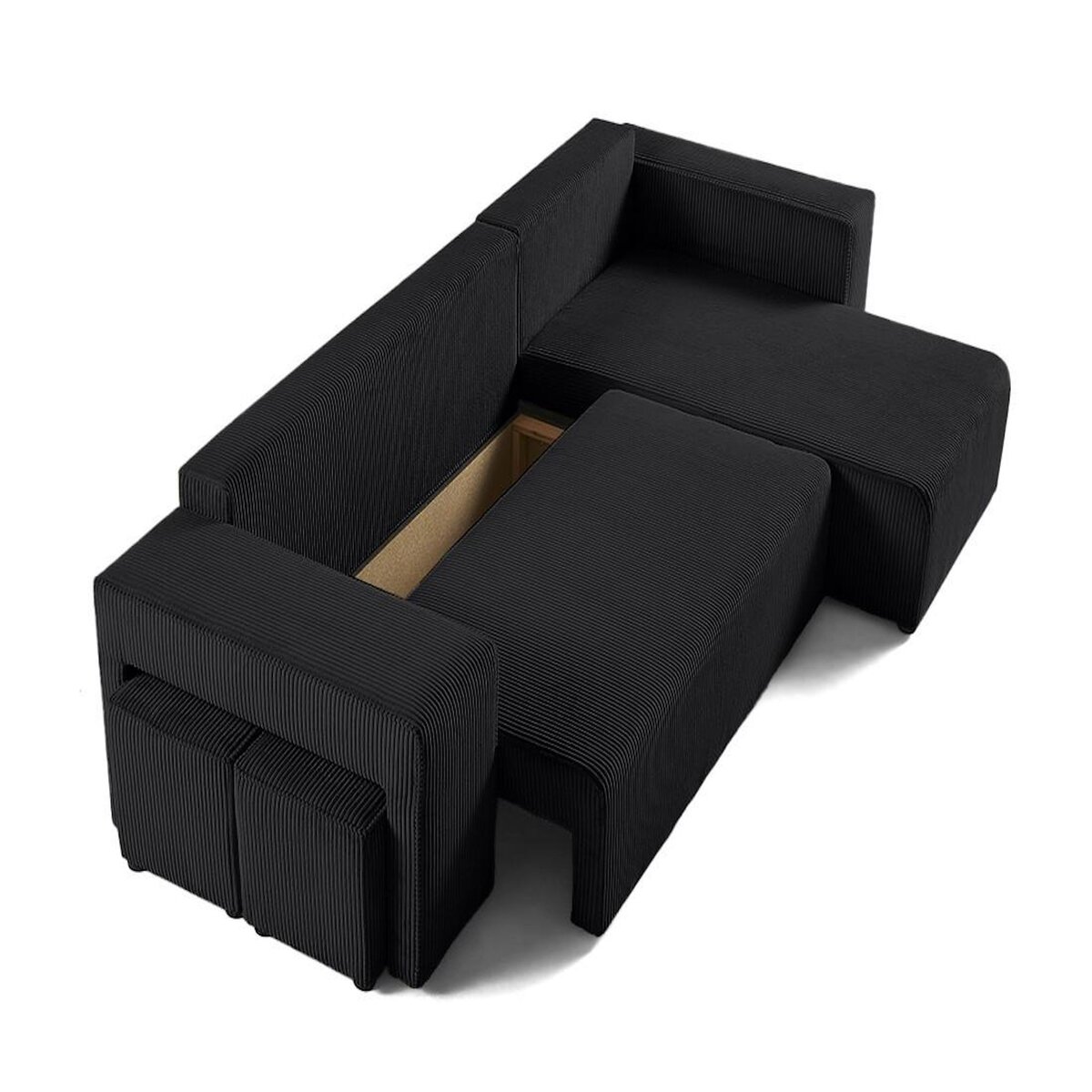 BEST MOBILIER Topaze - canapé d'angle réversible 4 places - convertible avec coffre, tablette et poufs - en velours côtelé