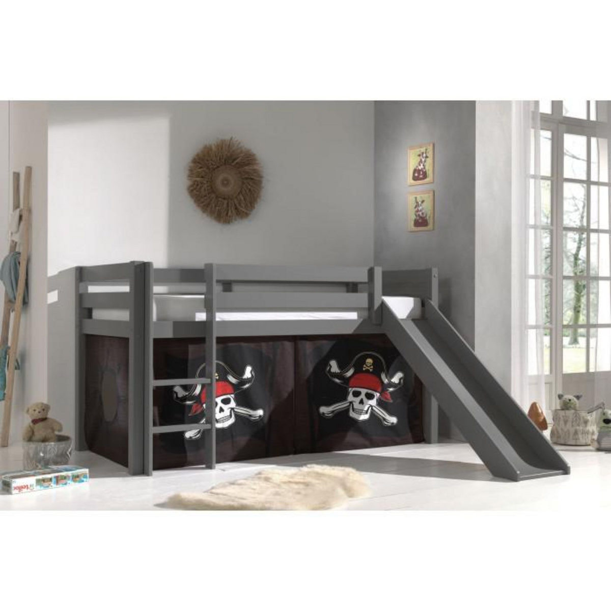 Paris Prix Lit Enfant Surélevé Avec Toboggan  Pino Caribian Pirates  90x200cm Gris