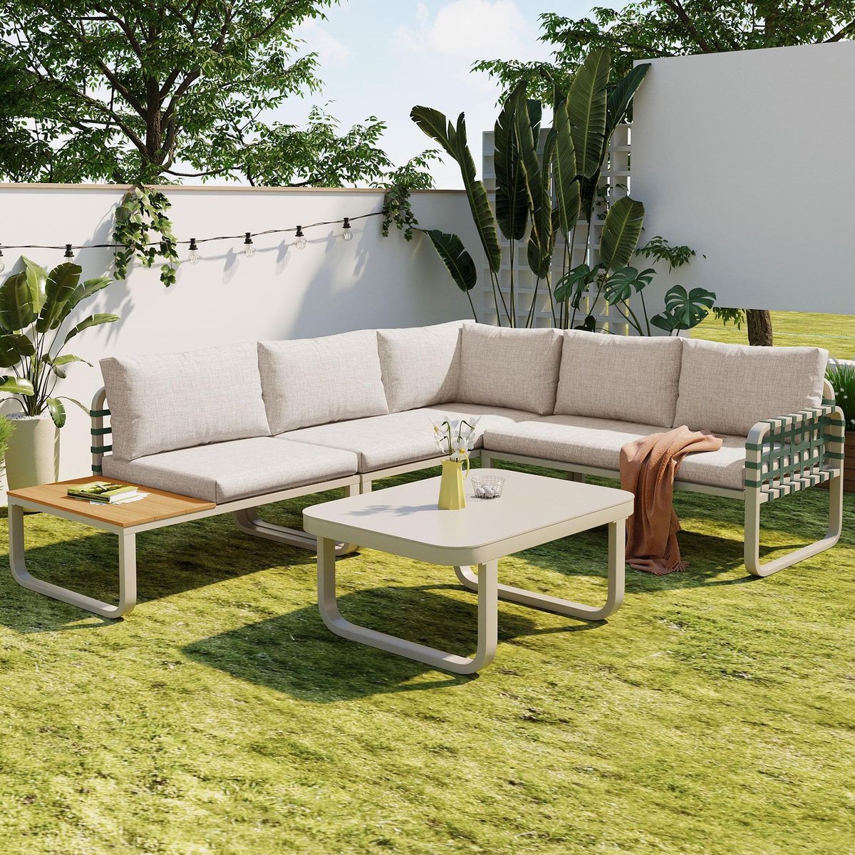 MERAX Salon de jardin 5 places en acier avec coussins assise, dossier, abricot
