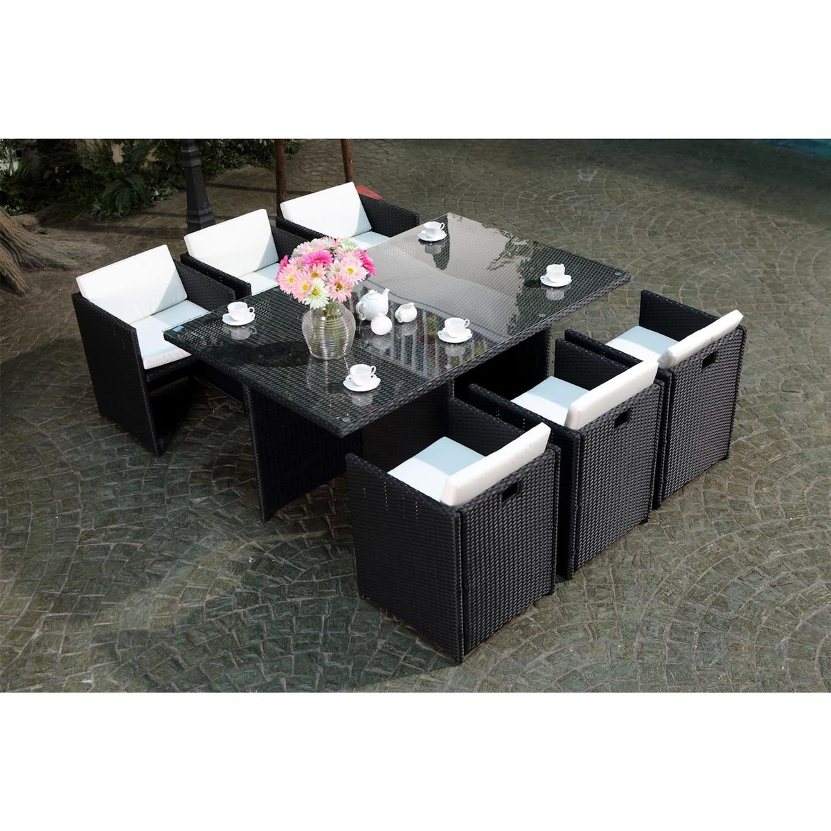 CONCEPT USINE MIAMI - Salon de jardin 6 places noir-blanc + housse de protection MIAMI