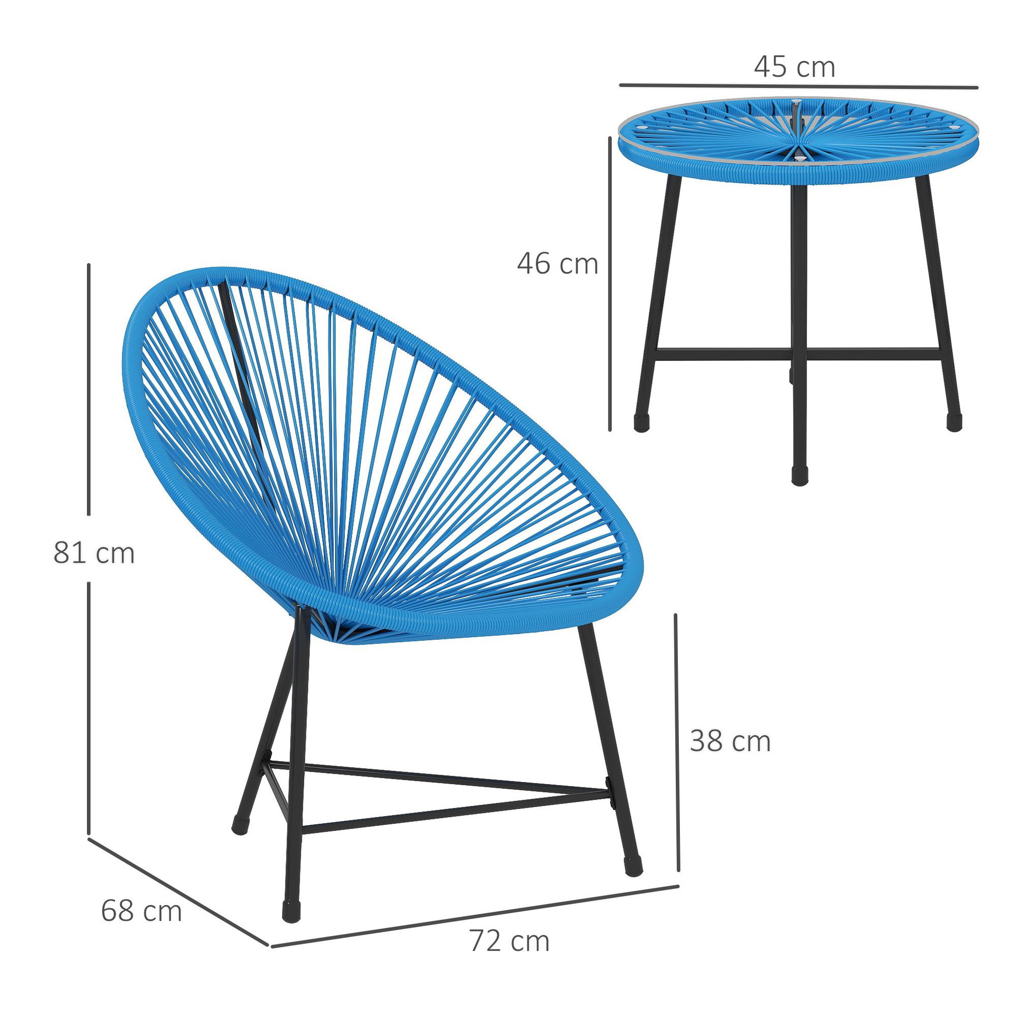 Voir la diapositive 3 : OUTSUNNY Salon de jardin 3 pcs 2 places design acapulco plateau verre trempé acier noir résine filaire bleu