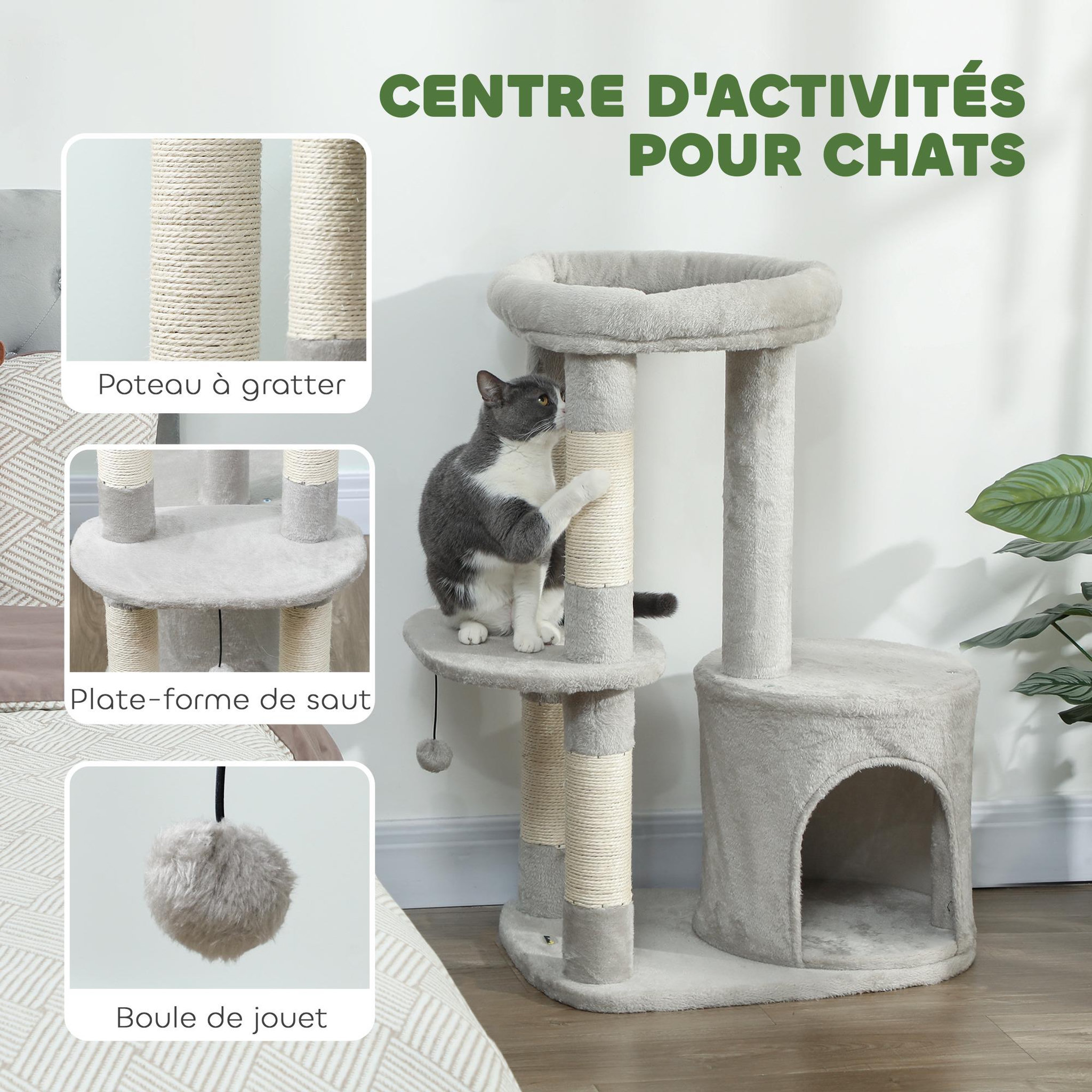 Voir la diapositive 5 : PAWHUT Arbre à chat design gris clair arrondi h.90cm niche 2 plateformes boule griffoirs