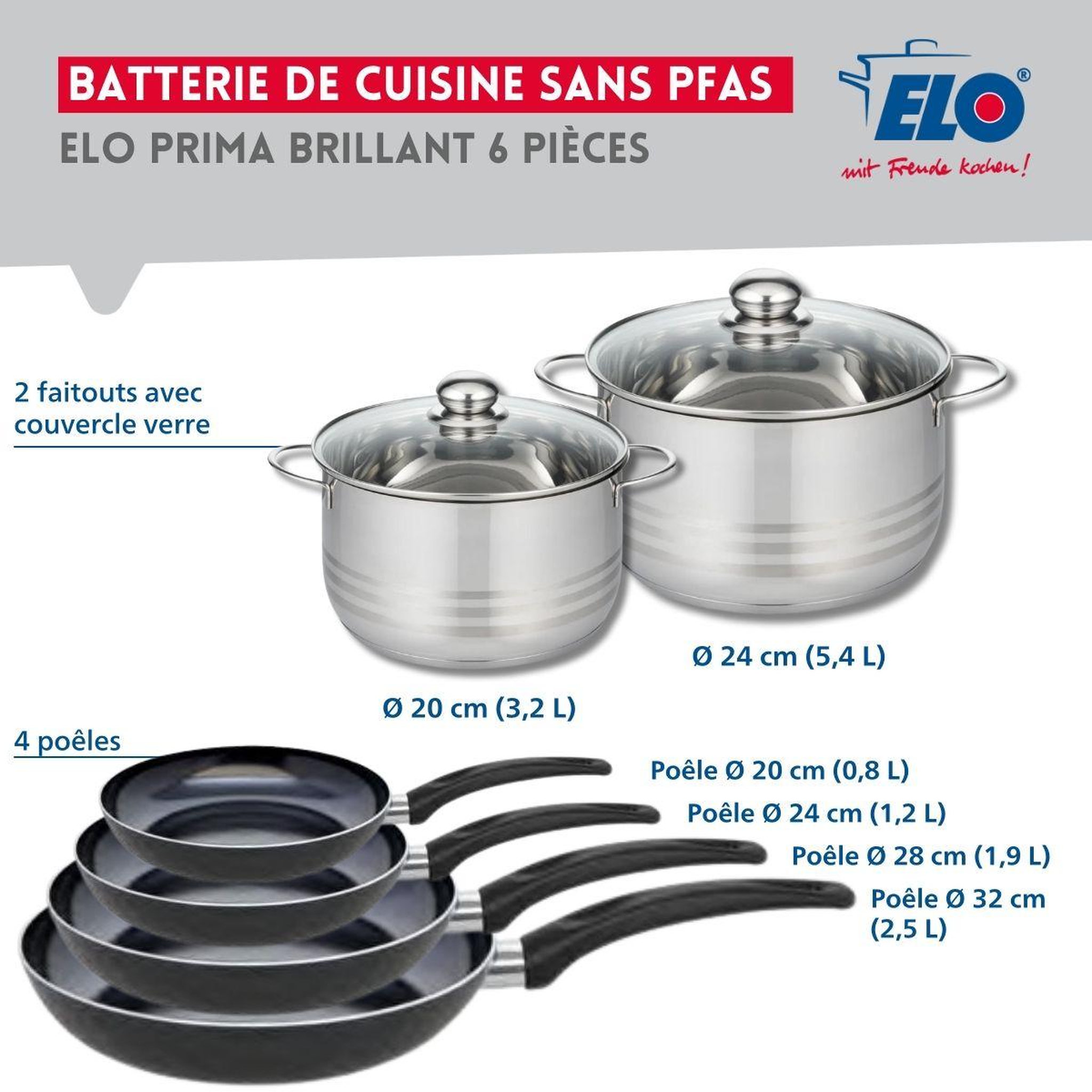 Voir la diapositive 2 : ELO Ensemble de 4 poêles de cuisson 20, 24, 28 et 32 cm et 2 faitouts 20 et 24 cm elo prima brillant