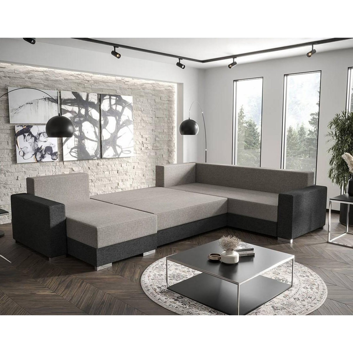 BEST MOBILIER Epona - canapé panoramique d'angle réversible 7 places convertible avec coffre en tissu