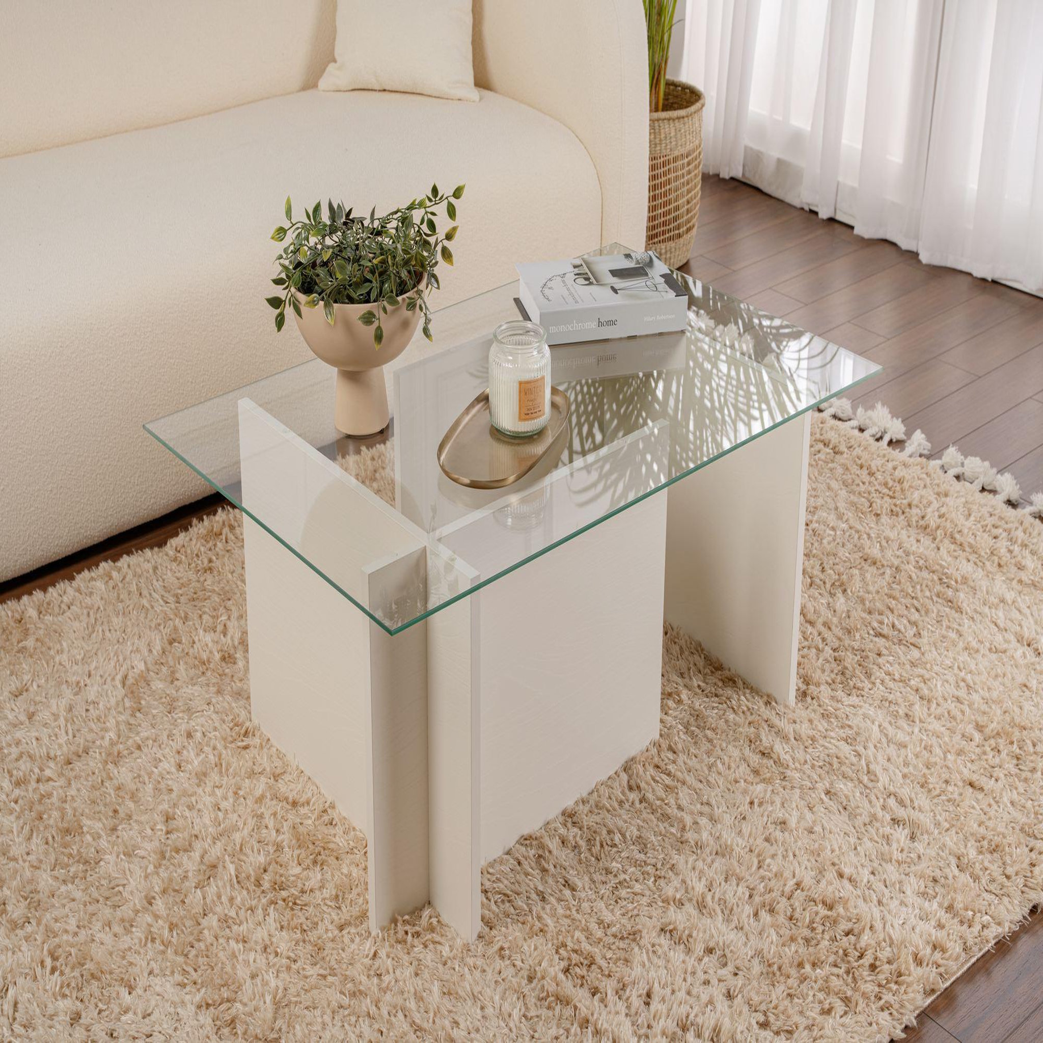 Voir la diapositive 2 : Habitat et Jardin Table basse en verre  vetrino  105 x 65 x 40 cm - bois blanc
