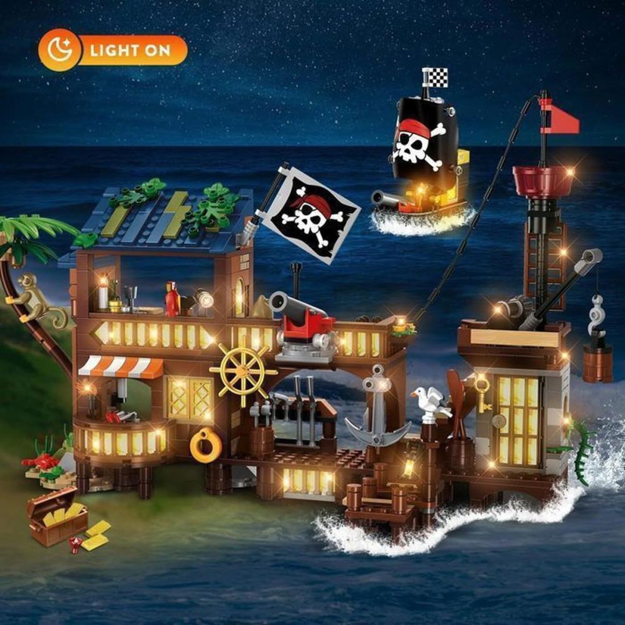 Voir la diapositive 2 : Ensemble de construction pirate 3 en 1 781 pièces avec LED, navire et camp transformable