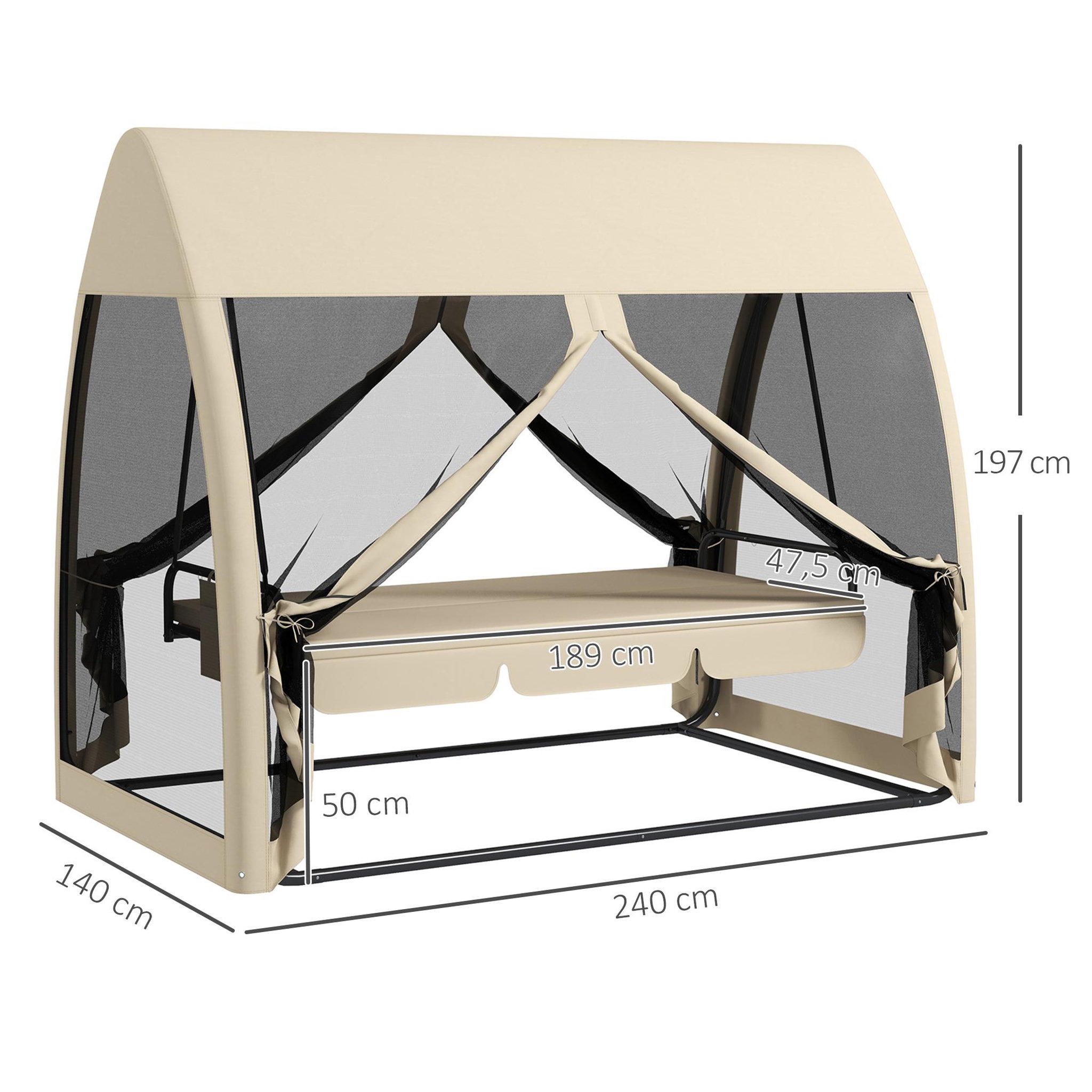 Voir la diapositive 3 : OUTSUNNY Balancelle de jardin convertible 3 places - matelas assise dossier, moustiquaire intégrale, toit - métal polyester beige