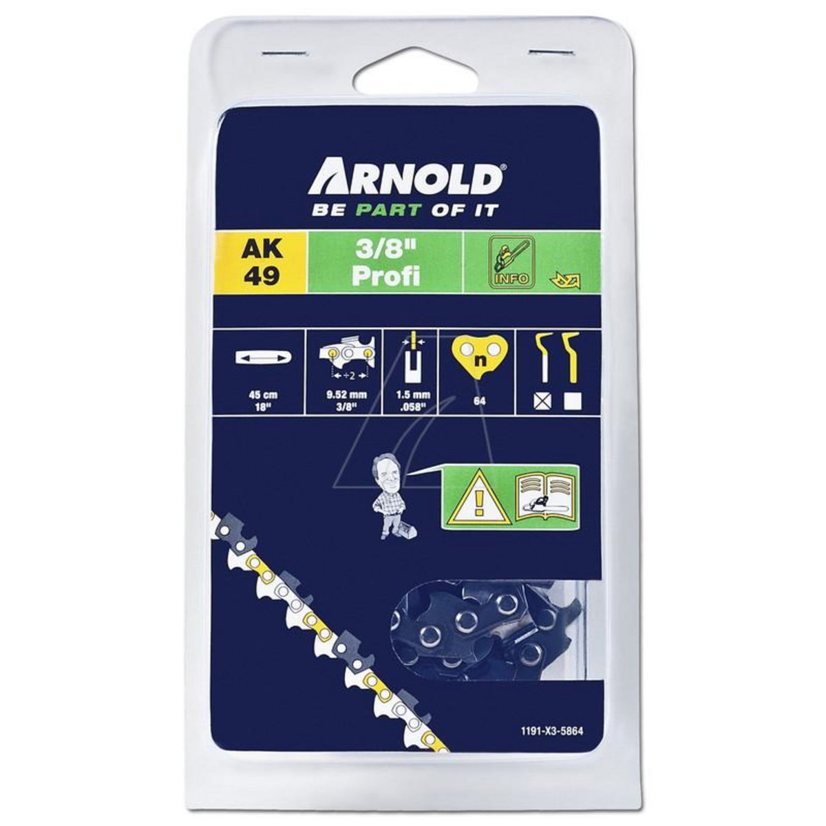 ARNOLD Chaîne de tronçonneuse 3/8 , 1,5 mm, 64 maillons d'antirebond - gouges demi-rondes
