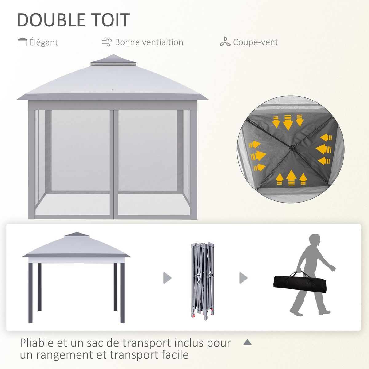 OUTSUNNY Tonnelle barnum de jardin pop-up pliant - dim. 3,30L x 3,30l x 2,88H m - hauteur réglable, double toit, sac transport - métal époxy, oxford, moustiquaires - gris