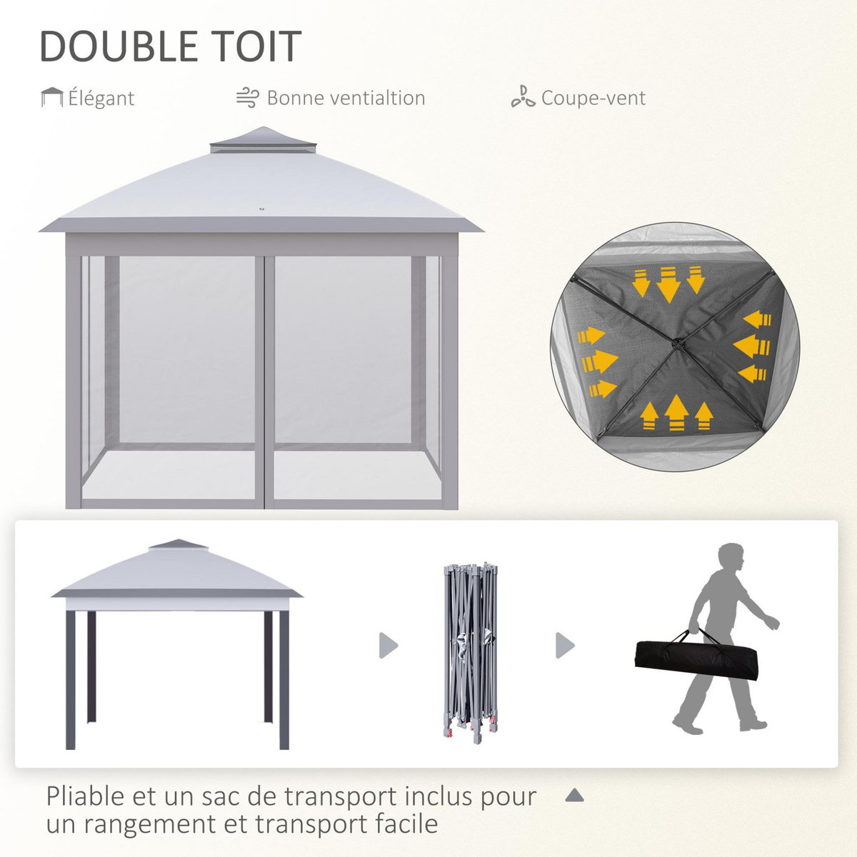 OUTSUNNY Tonnelle barnum de jardin pop-up pliant - dim. 3,30L x 3,30l x 2,88H m - hauteur réglable, double toit, sac transport - métal époxy, oxford, moustiquaires - gris