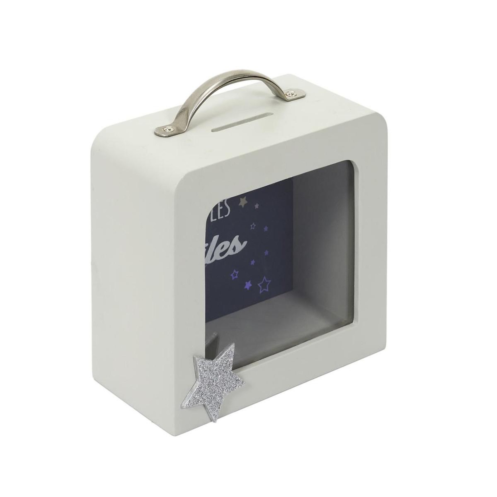 Voir la diapositive 2 : HOME DECO KIDS Tirelire Déco Enfant  Valise  15cm Blanc & Gris