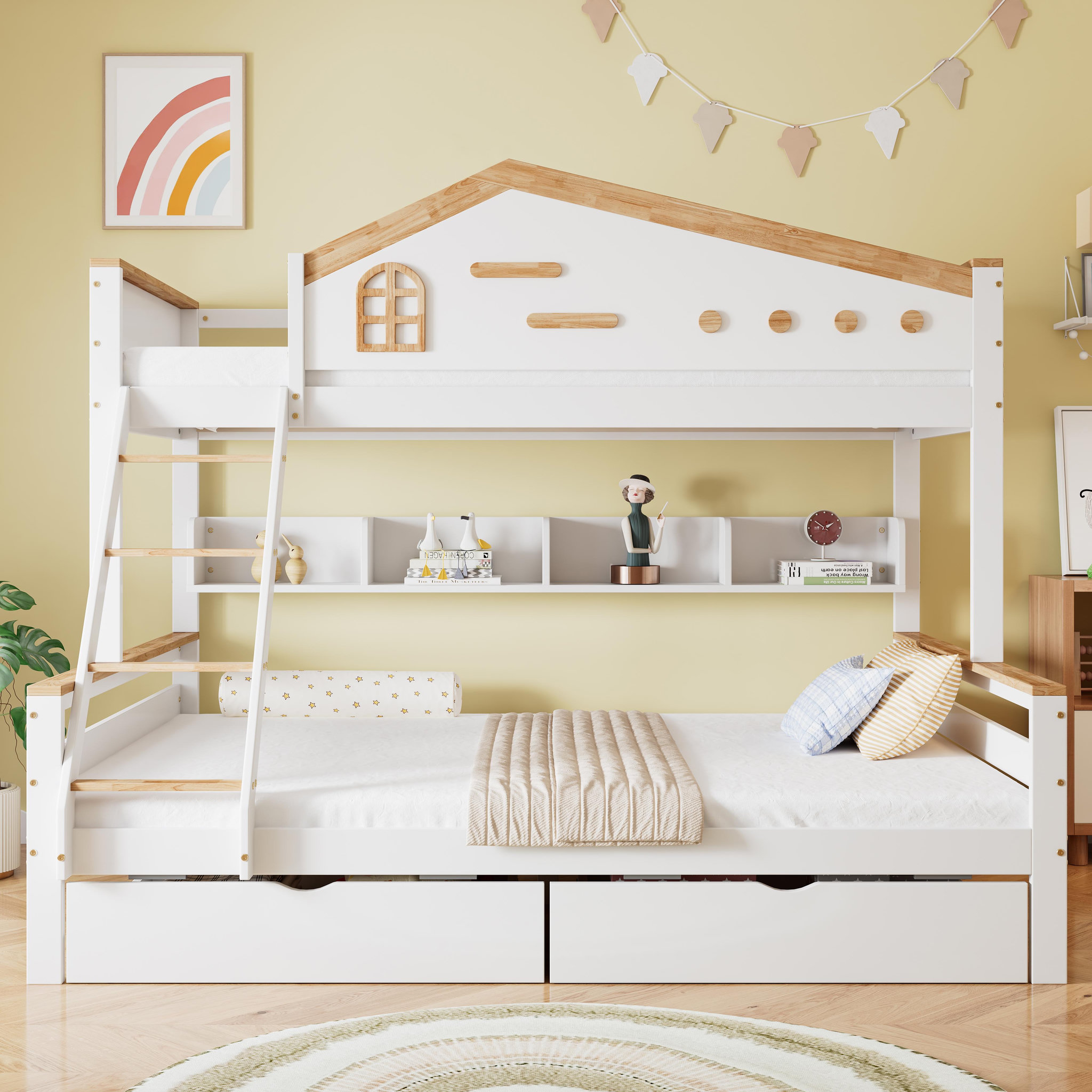 Voir la diapositive 2 : MERAX Lit superposé 90x200(140x200)cm bois et mdf coloris blanc+naturel