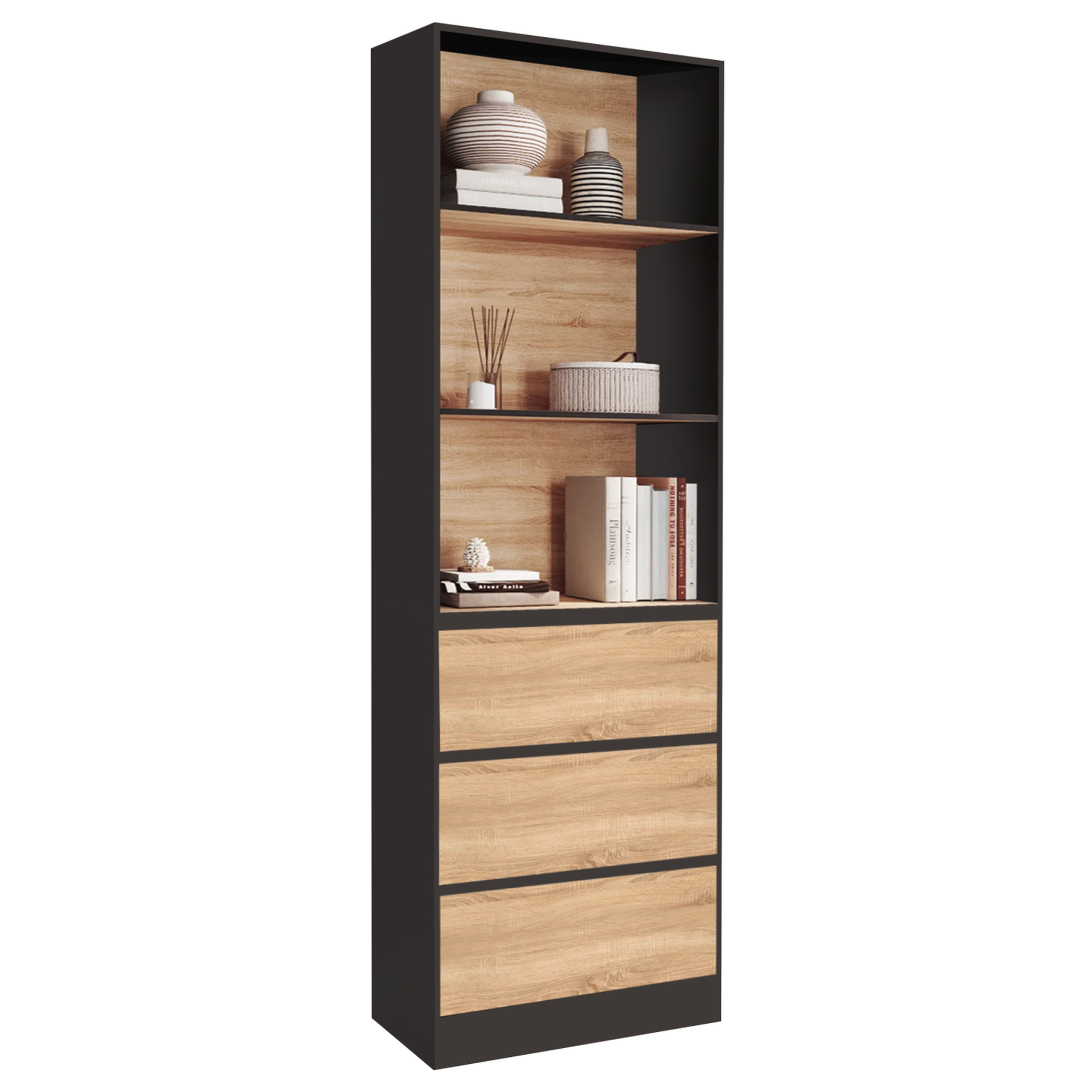ID MARKET Etagère bibliothèque carla 3 niveaux 3 tiroirs noir et effet bois 190 cm