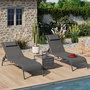 Voir la diapositive 2 : ID MARKET Lot de 2 transats de jardin inclinables BORA avec table d'appoint modulable en acier gris anthracite et toile grise