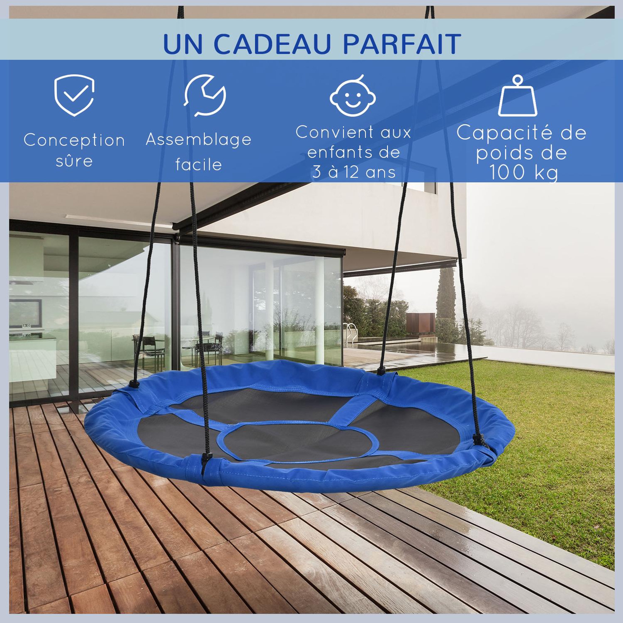 Voir la diapositive 5 : OUTSUNNY Balançoire nid d'oiseau ronde Ø 110 cm 4 anneaux inclus bleu