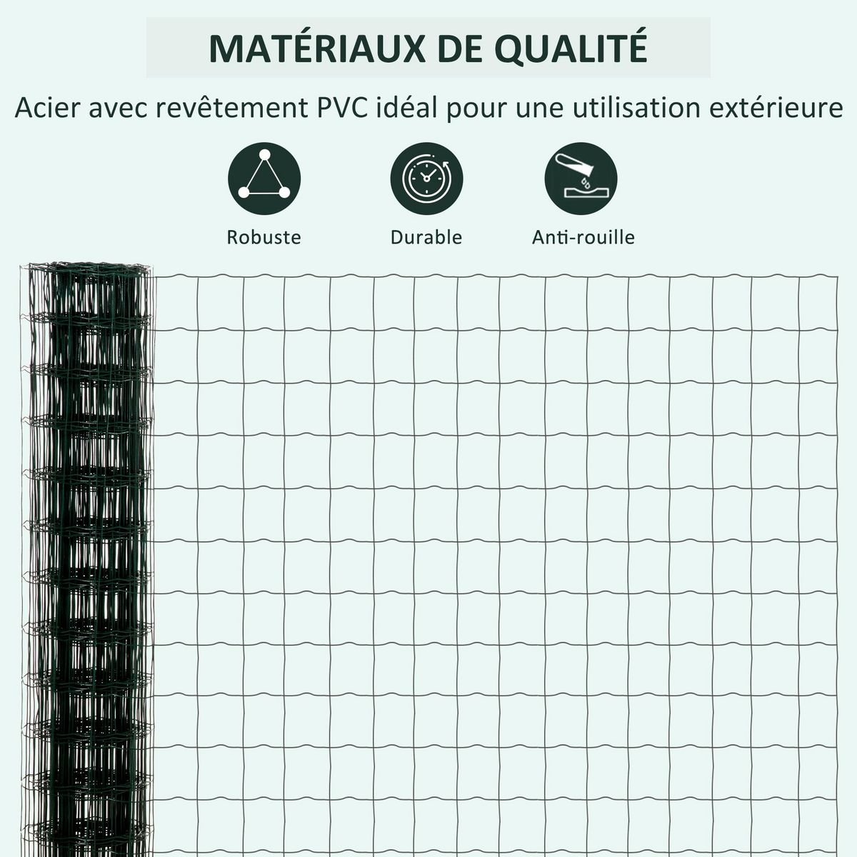 OUTSUNNY Grillage rouleau soudé - maille 7,3L x 6,3l cm - hauteur 2 m - longueur 10 m - poteaux, jambes de force inclus - acier revêtement PVC vert