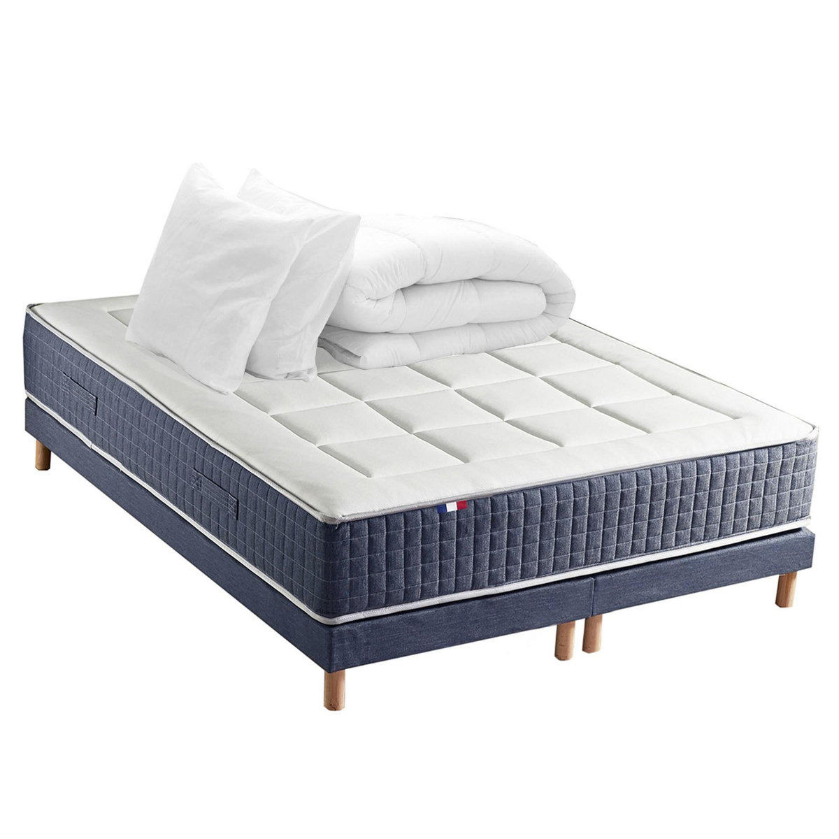 IDLITERIE Ensemble Matelas Ressort 7 zones + Mémoire de forme + Sommier KING STYLE + couette + oreillers - Fabriqué en France
