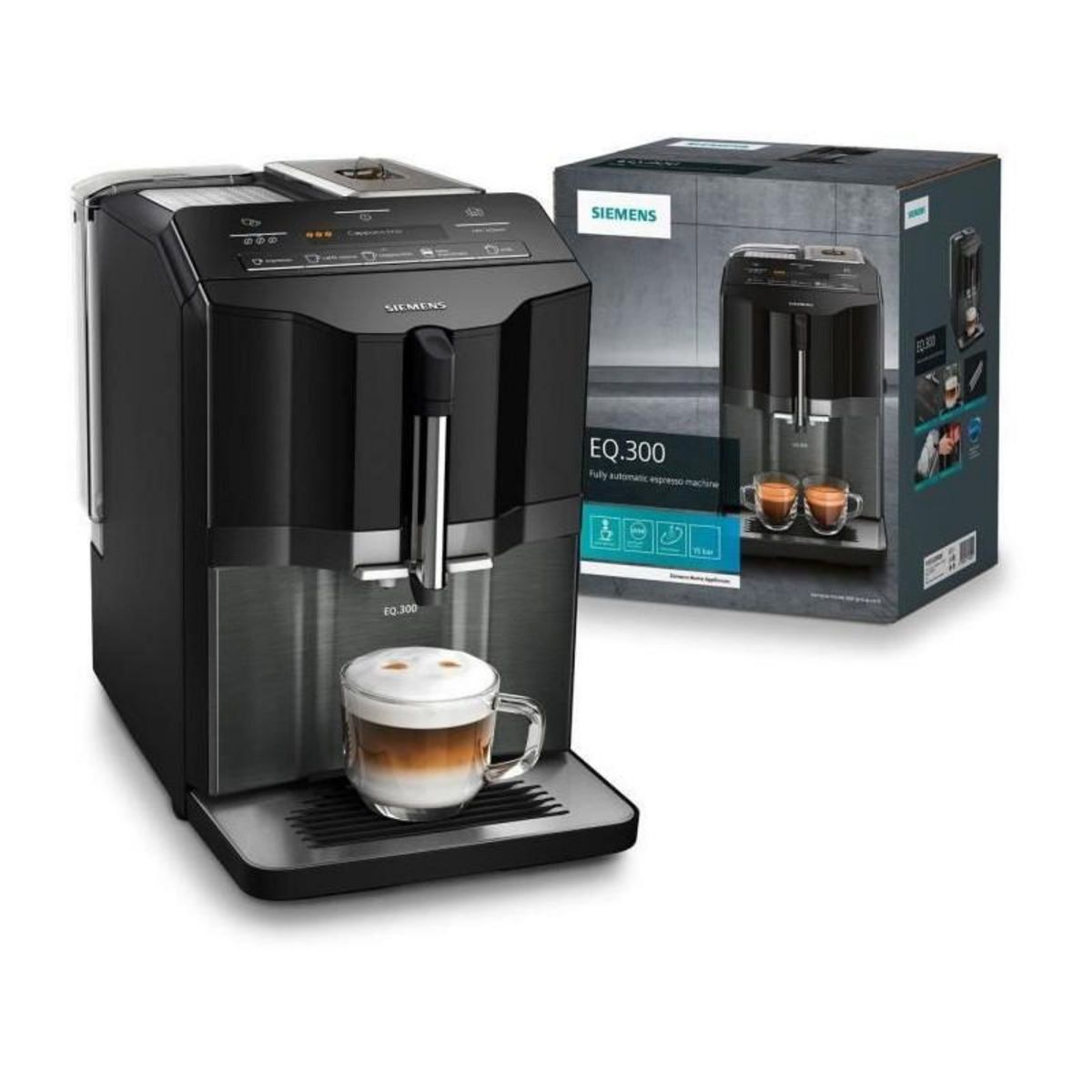 Siemens Machine a espresso Auto SIEMENS EQ.300 TI355209RW - Inox foncé et noir lustré - 1300 W - 15 bars - 5 boissons